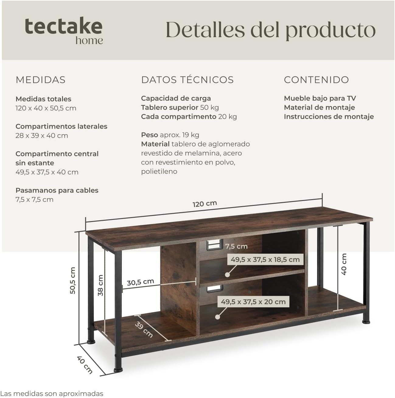 Thumbnail 5 de tectake Mueble TV Salon Industrial 120x40x50
