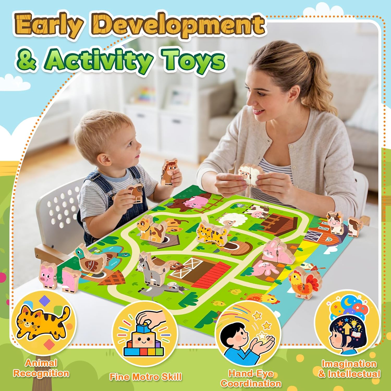 Detalle de Montessori-style wooden farm animal matching puzzle set for 1–3 year olds (10 snap fastener puzzles)