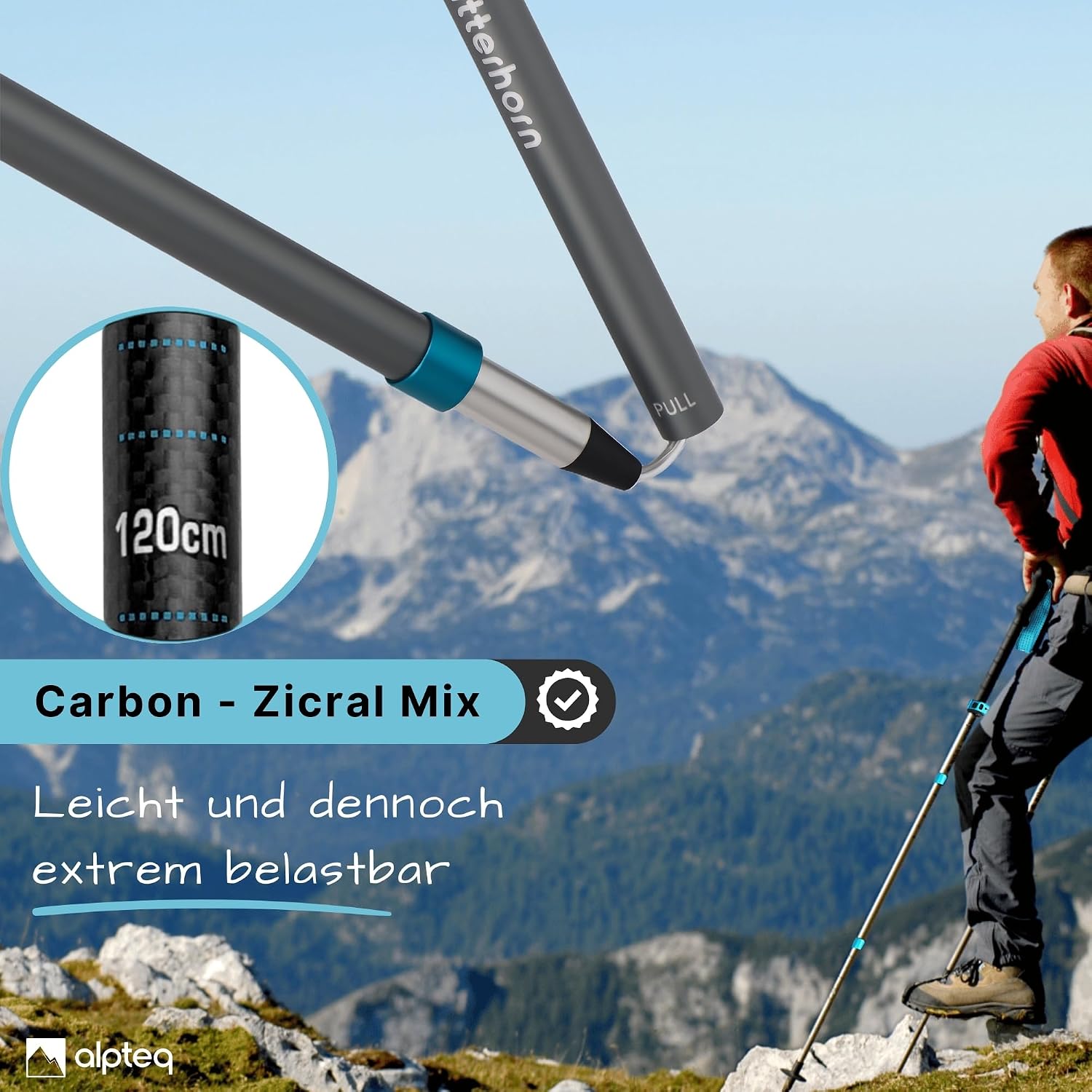 Detalle de Alpteq Wanderstöcke faltbar: Carbon oder Aluminium mit Korkgriff – ultraleicht, kompakt und vielseitig einsetzbar