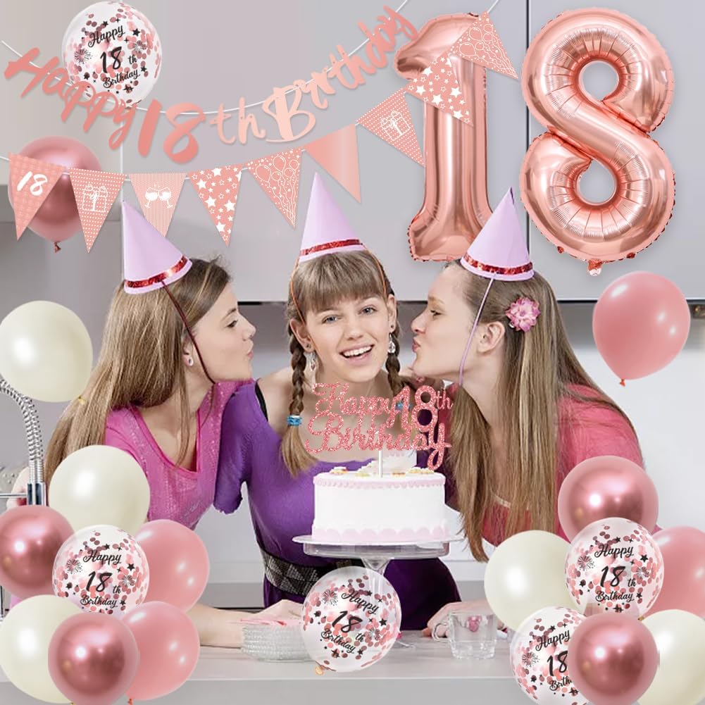 Thumbnail 6 de 18th Birthday Decorations Retro Pink Rose Gold Set – Blush Pink banner, pennant flags, cake topper, foil number balloon & balloons