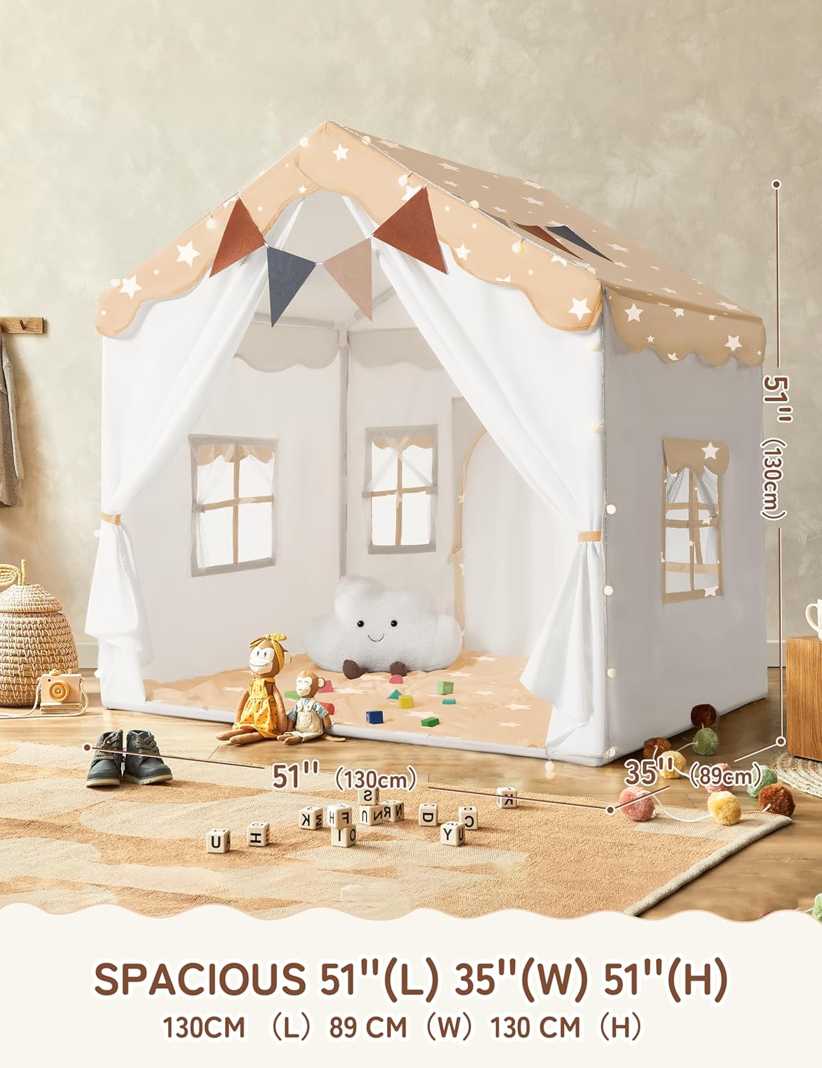 Thumbnail 4 de Besrey Kids Play Tent 2-in-1 (51 x 35 x 51 in) with Padded Mat and Lights, Double-Door Kids Playhouse