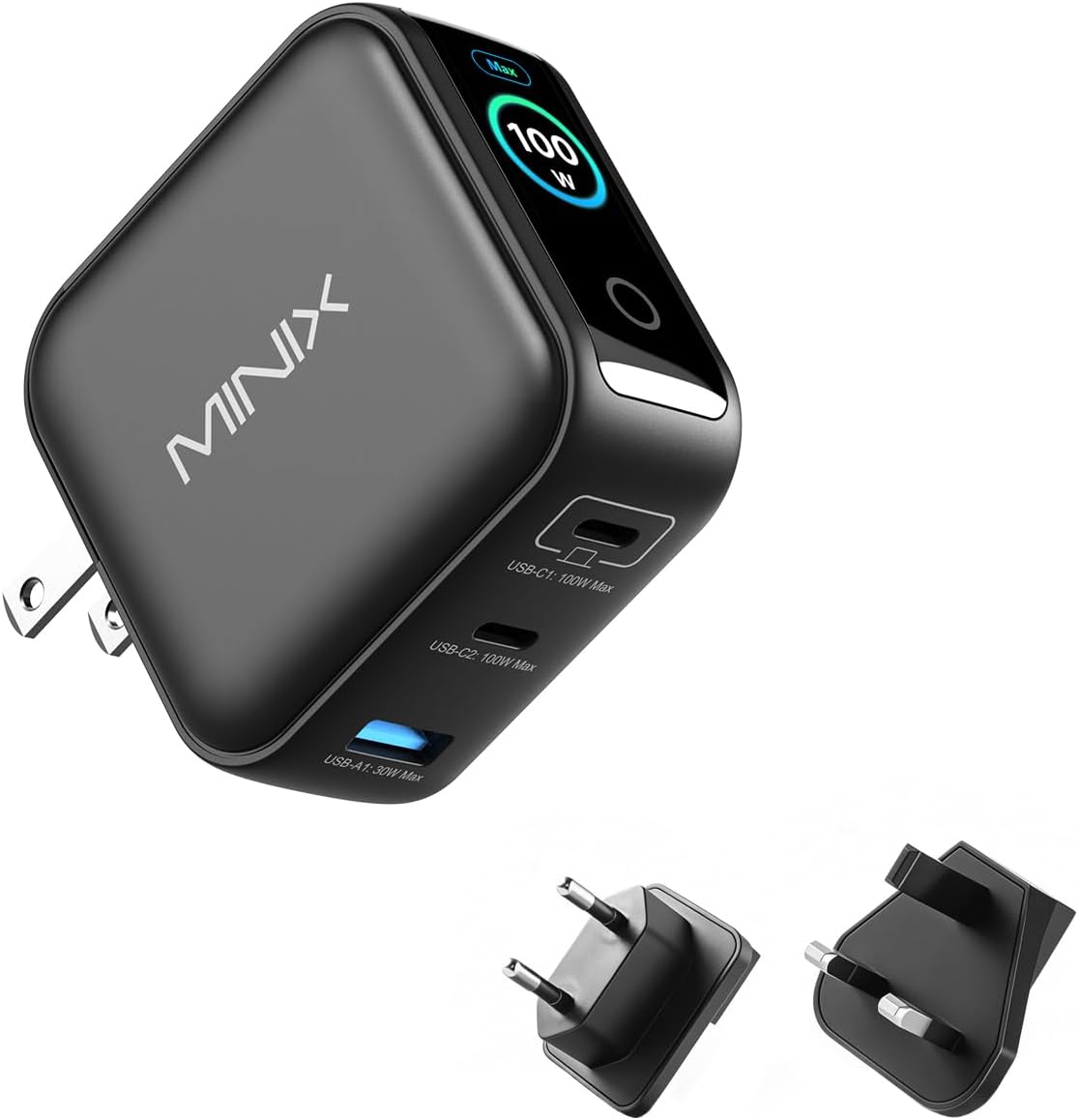 Detalle de MINIX 100W GaN Charger with 3 Ports and Smart Display