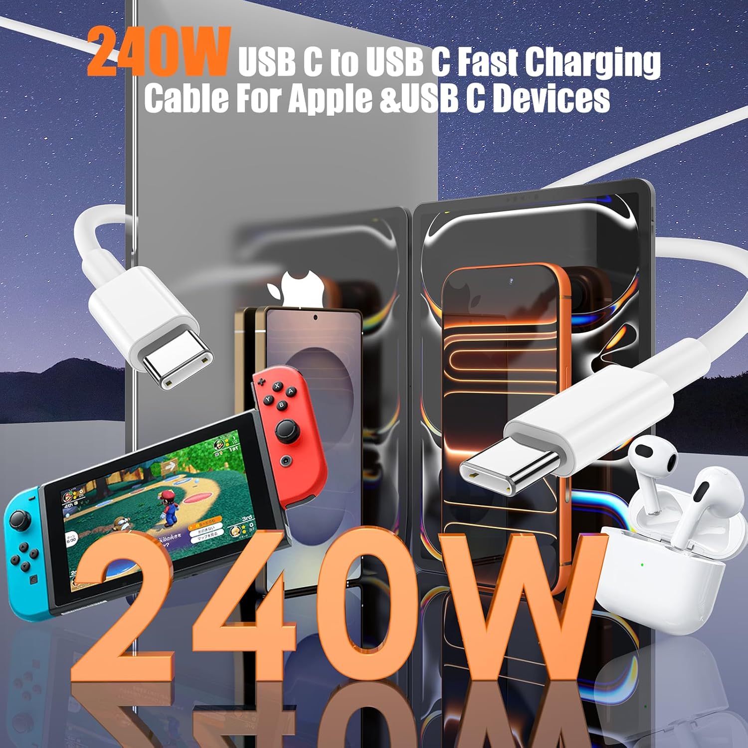 Detalle de JERMASAL 240W USB C to USB C Cable 2-Pack, 10FT — Durable 240W PD/QC Fast-Charging Cable for a Wide Range of USB-C Devices