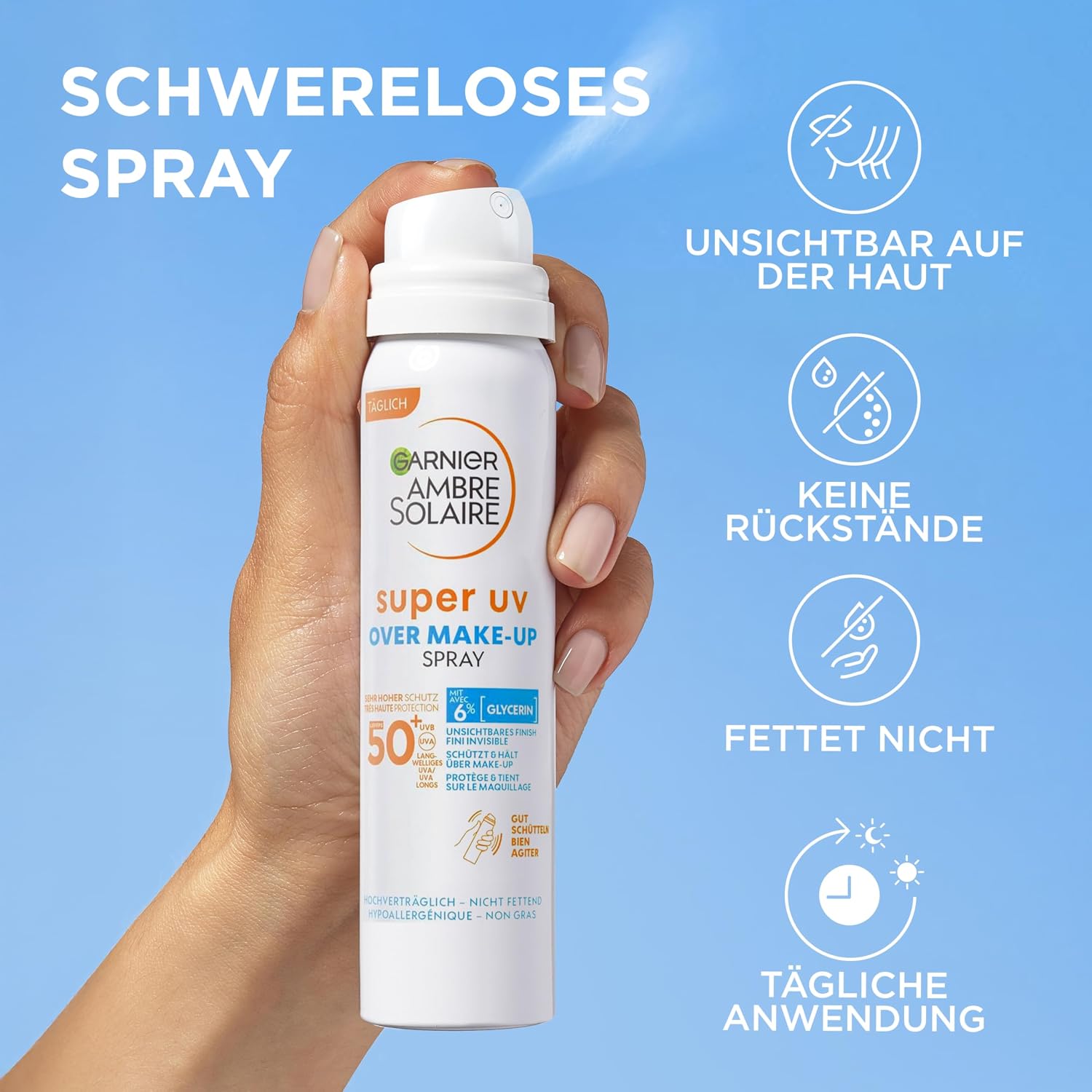 Thumbnail 3 de Garnier Ambre Solaire Super UV Over Make-up Spray LSF 50+ – Sonnenschutzspray fürs Gesicht mit Hyaluronsäure, 75 ml