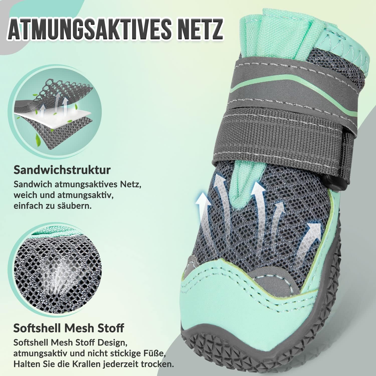 Detalle 2 de Eyein Hundeschuhe Pfotenschutz (2 Stück) atmungsaktiv mit rutschfester Sohle und reflektierendem Klettverschluss – Grün, Größe 1