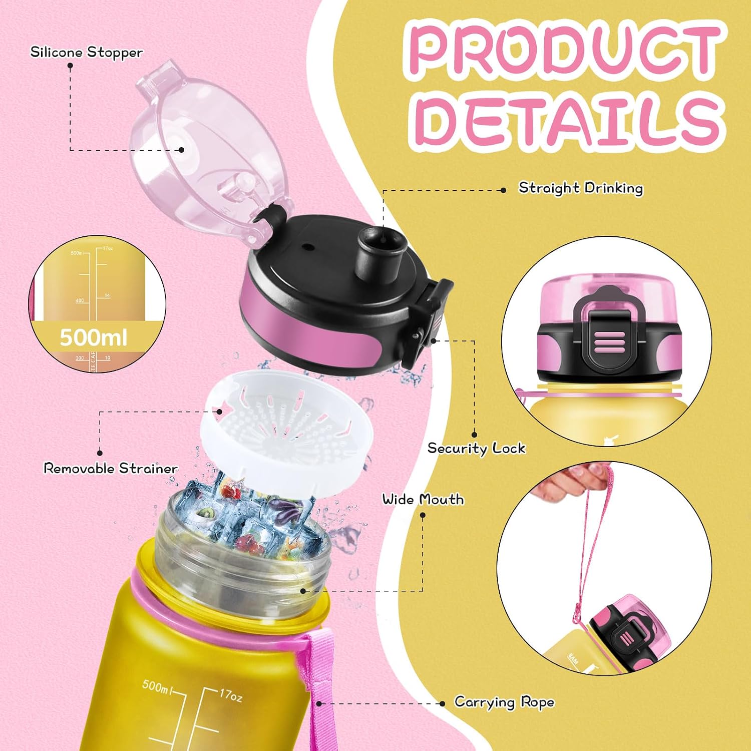 Detalle 2 de Grsta Grsta-TY-SHZYG-500ML-JB-Yellow-Pink – butelka dla dzieci 500 ml z podziałką