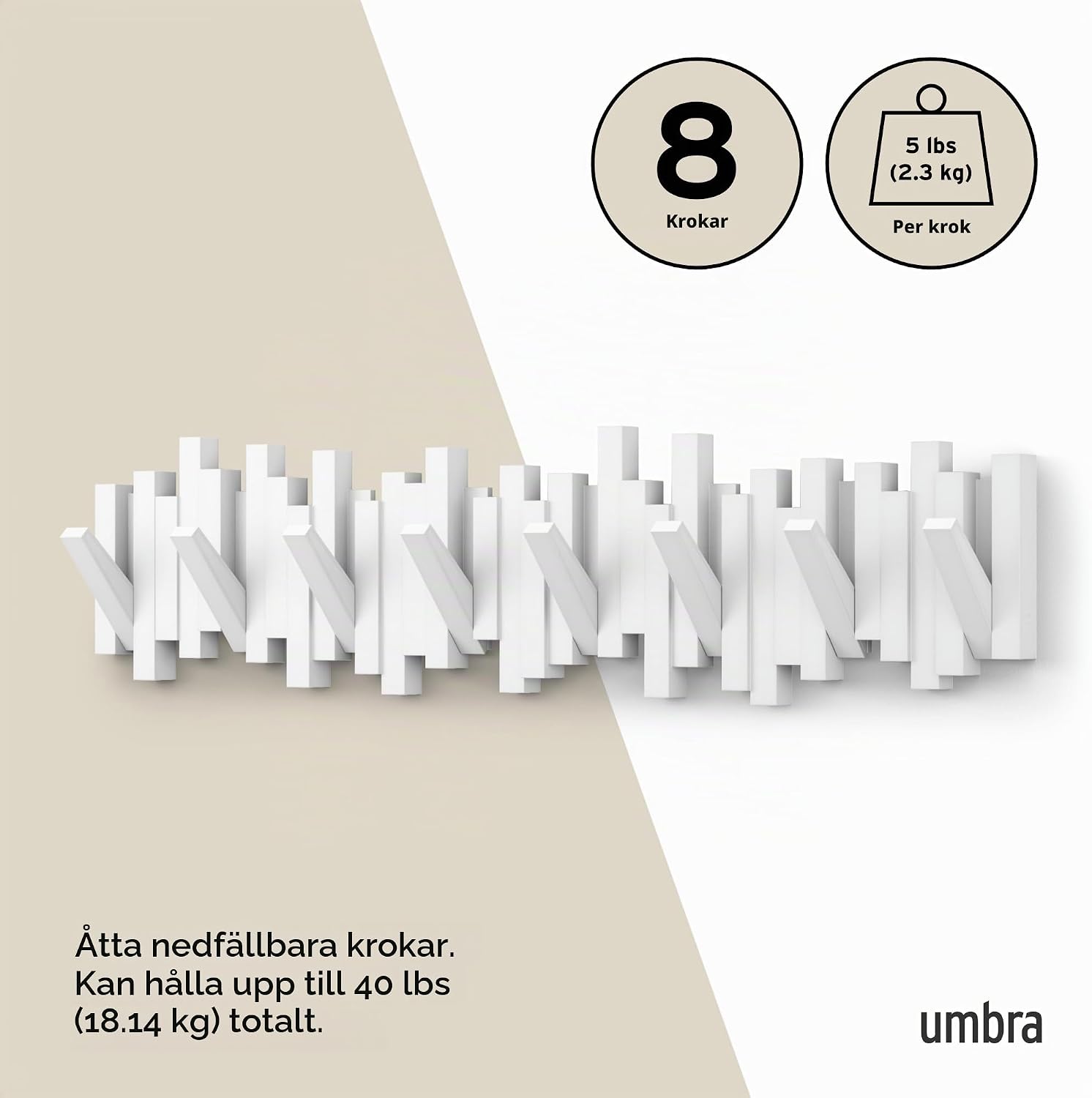 Detalle 1 de Umbra Sticks väggmonterad klädhängare med 8 infällbara krokar, vit