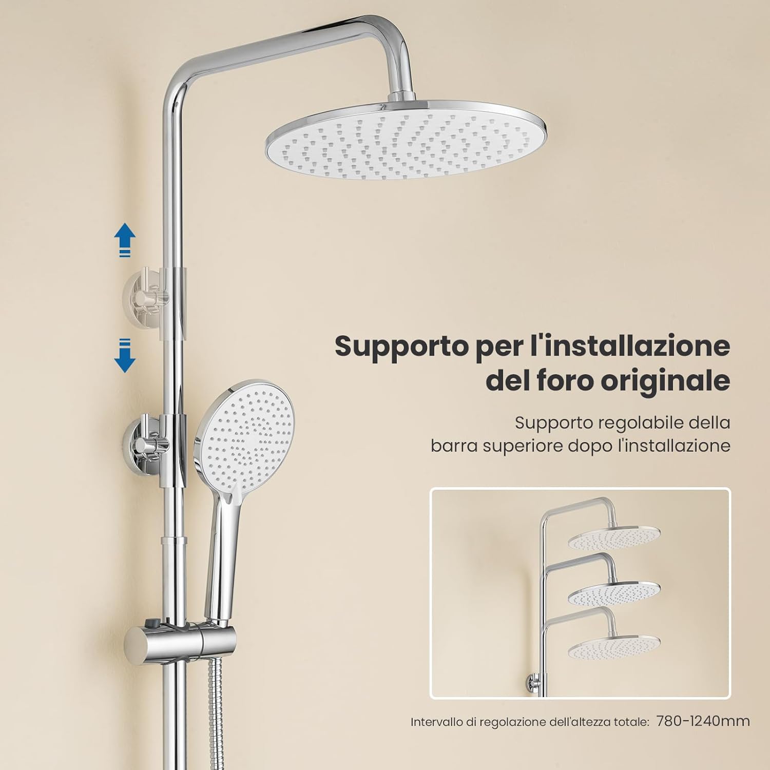 Thumbnail 1 de Auralum Colonna Doccia con Miscelatore: sistema saliscendi in acciaio inox, 3 funzioni e soffione da 25 cm