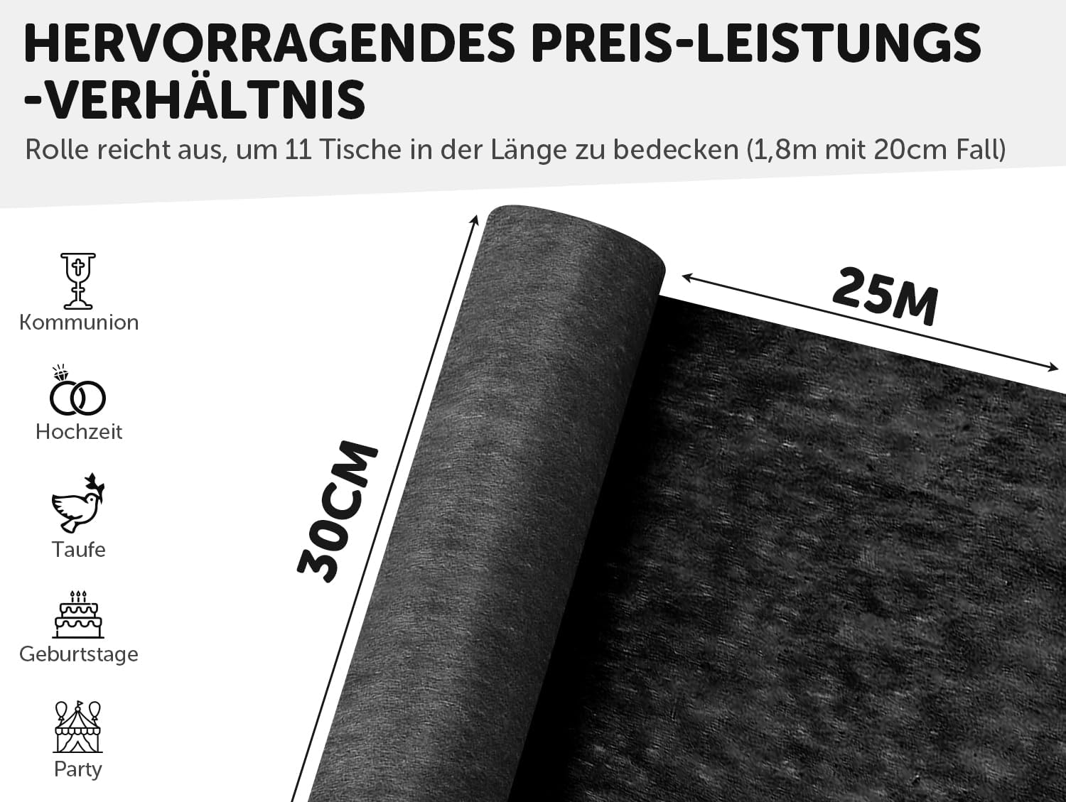 Detalle 2 de aboveBED Vlies Tischläufer 25 m x 30 cm – Schwarz für Tischdeko bei Kommunion, Hochzeit, Taufe & Co.