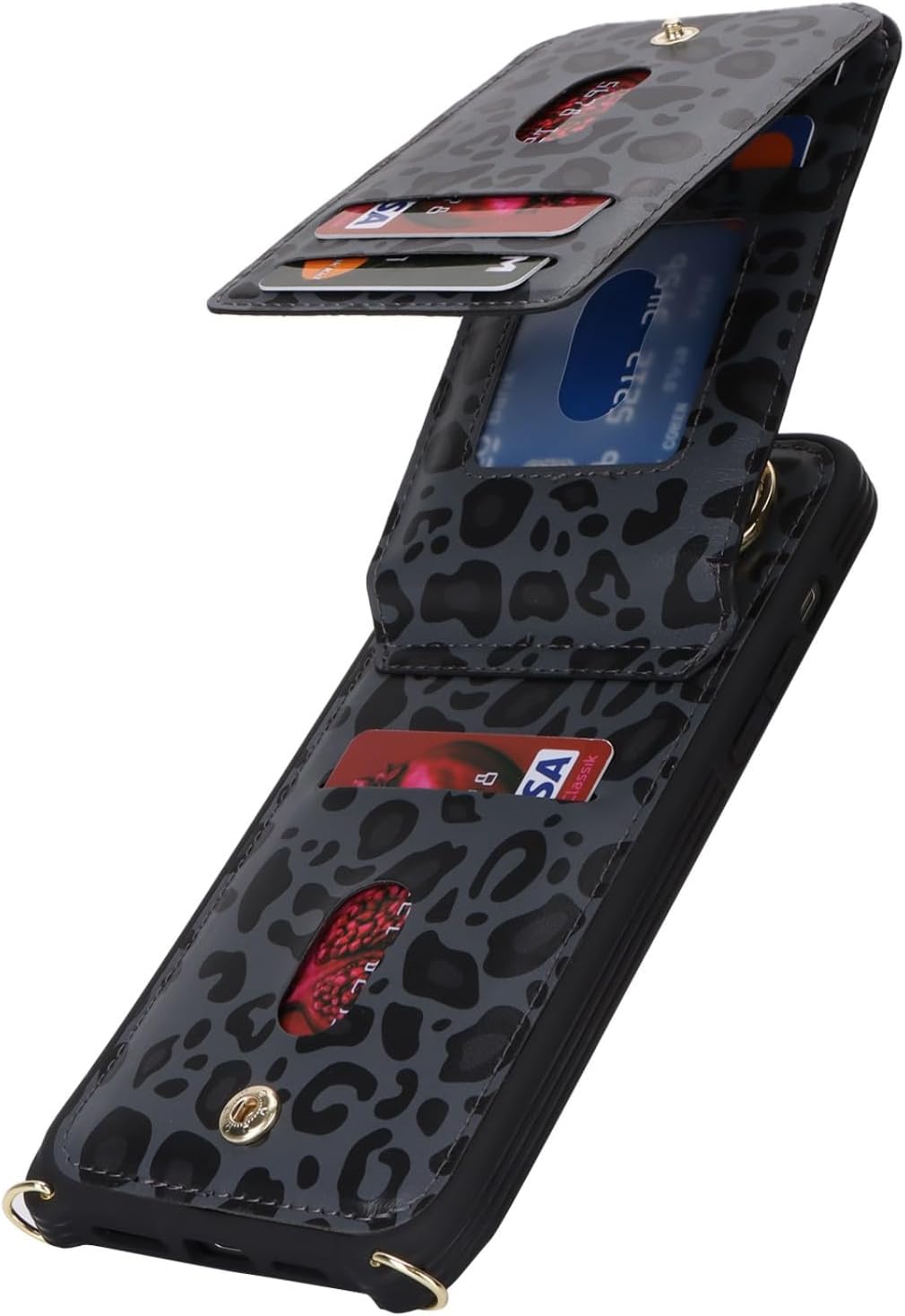 Detalle de Zouzt iPhone 13 Pro Wallet Case with Card Holder, Strap and Ring – Black Leopard