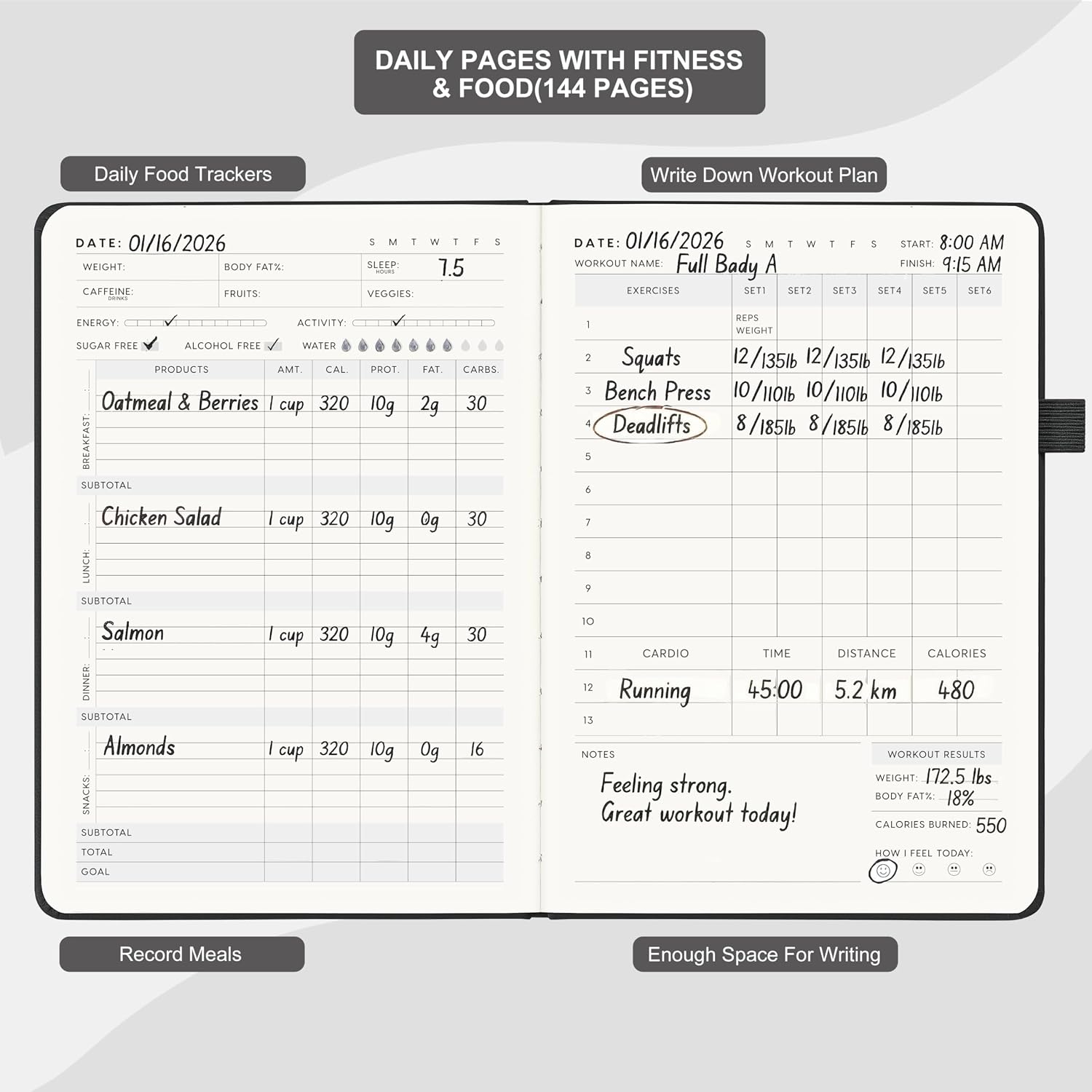 Detalle de &And Per Se FIT-01 Fitness and Food Journal, Undated A5 Black Hardcover