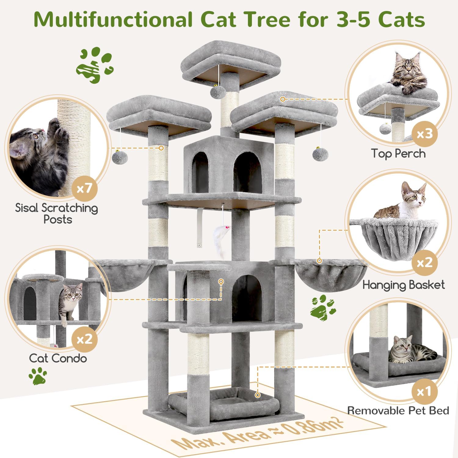 Thumbnail 4 de Globlazer Kratzbaum Stabil 174 cm mit 3 gepolsterten Sitzstangen, Katzenhäusern & Körben (F68B, Hellgrau)