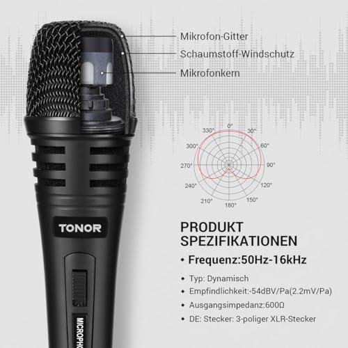 Detalle de TONOR Dynamisches Mikrofon mit 5 m XLR-Kabel – vielseitig einsetzbar für Bühne, Studio, Karaoke und Heimgebrauch