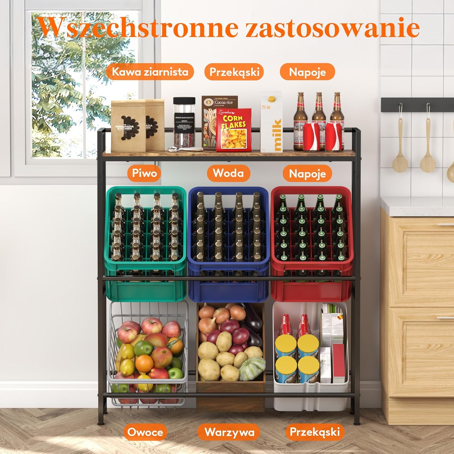 Detalle 2 de Lifewit 24187 – stojak na skrzynki na napoje z półką, do 6 skrzynek