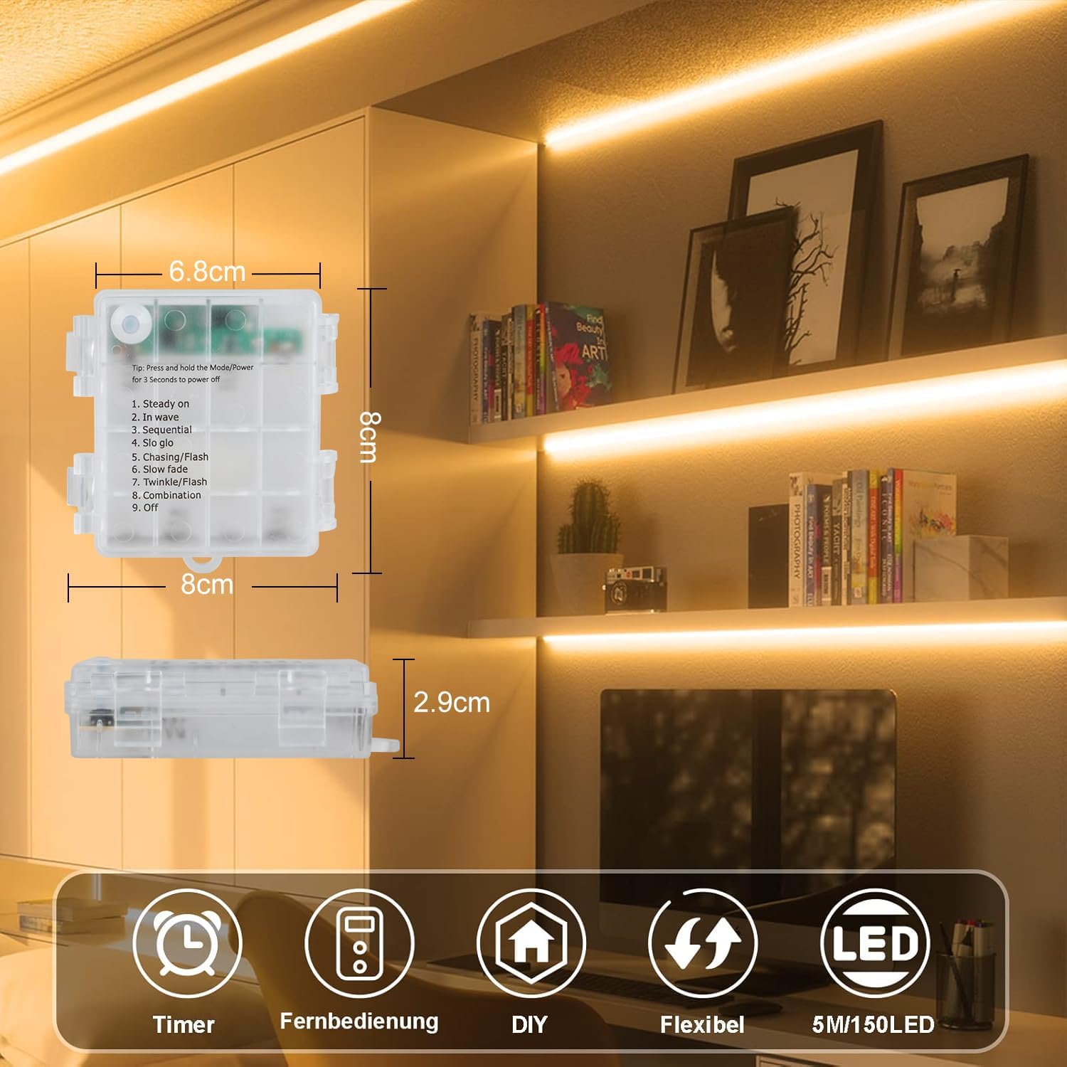Thumbnail 3 de CCILAND LED Streifen 5M – 150 LED, batteriebetrieben, 8 Modi, Timer, dimmbar, selbstklebend