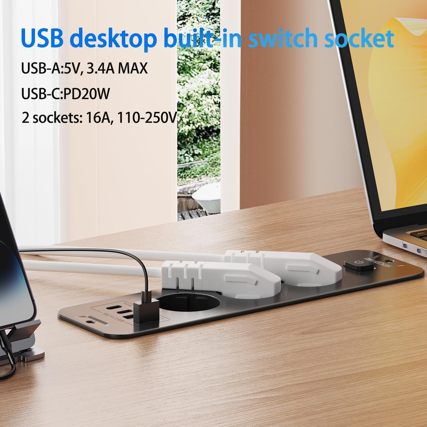 Detalle de HITRENDS HS-FEX-4U-3K inbouwstopcontact met 3 stopcontacten en 4 USB-poorten