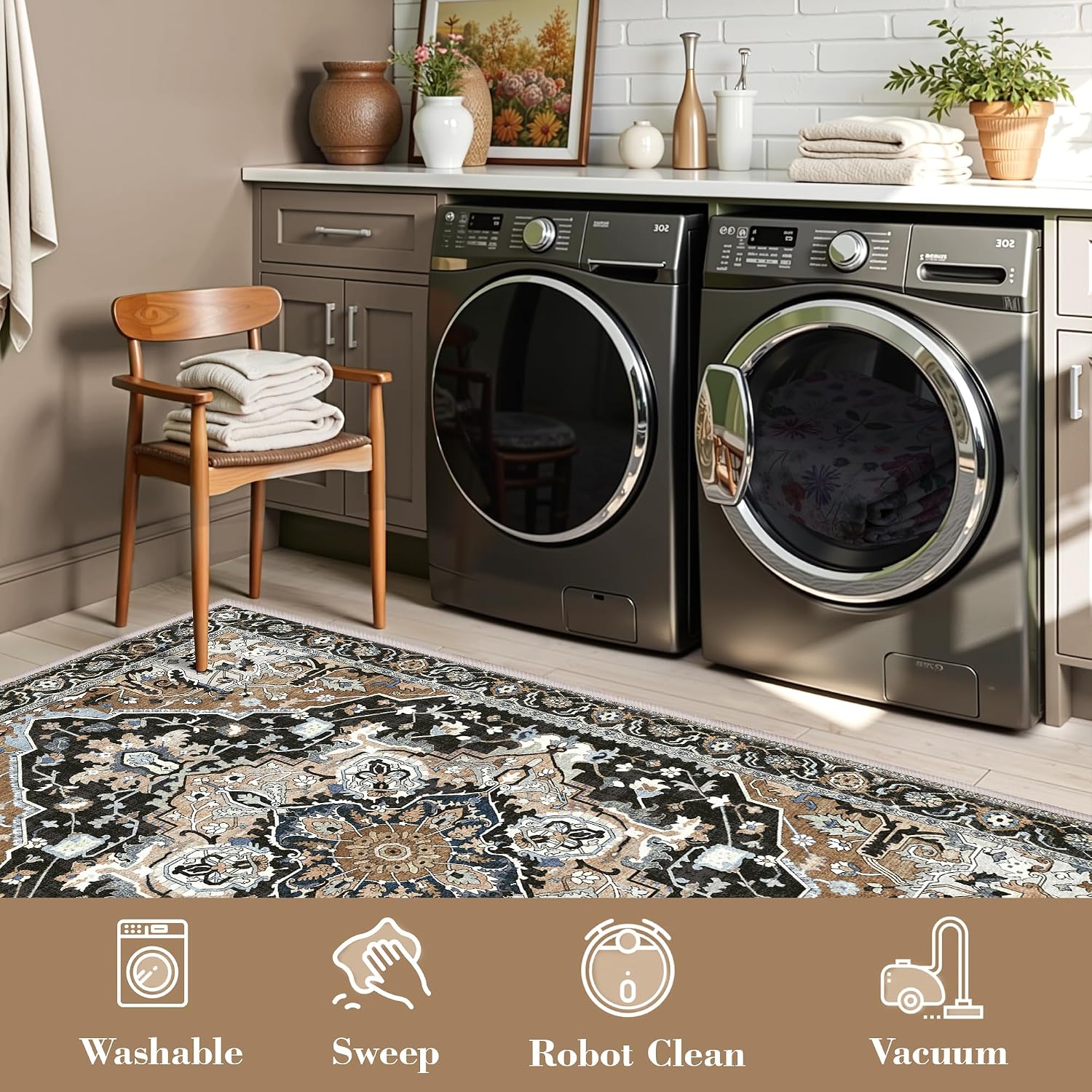 Detalle 2 de Deerly 6' x 9' Washable Area Rug, Low Pile, TPE Backing, Black/Multi