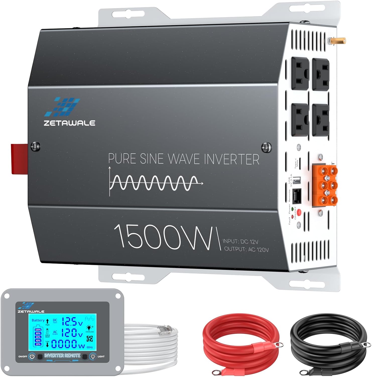 Imagen de 1500W Pure Sine Wave Inverter 12V DC to 110V/120V AC with LCD Remote and 4 Outlets en OfertitasTOP