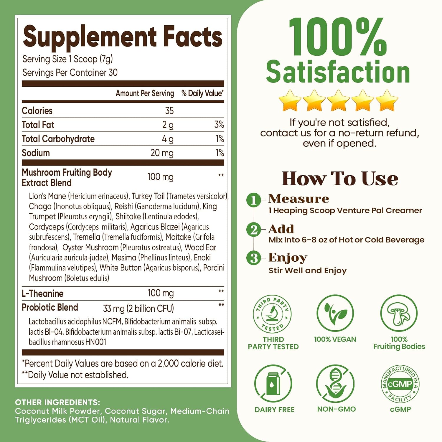 Detalle 2 de Venture Pal Superfood Probiotic Coffee Creamer, Vanilla, 16 Mushrooms & MCT