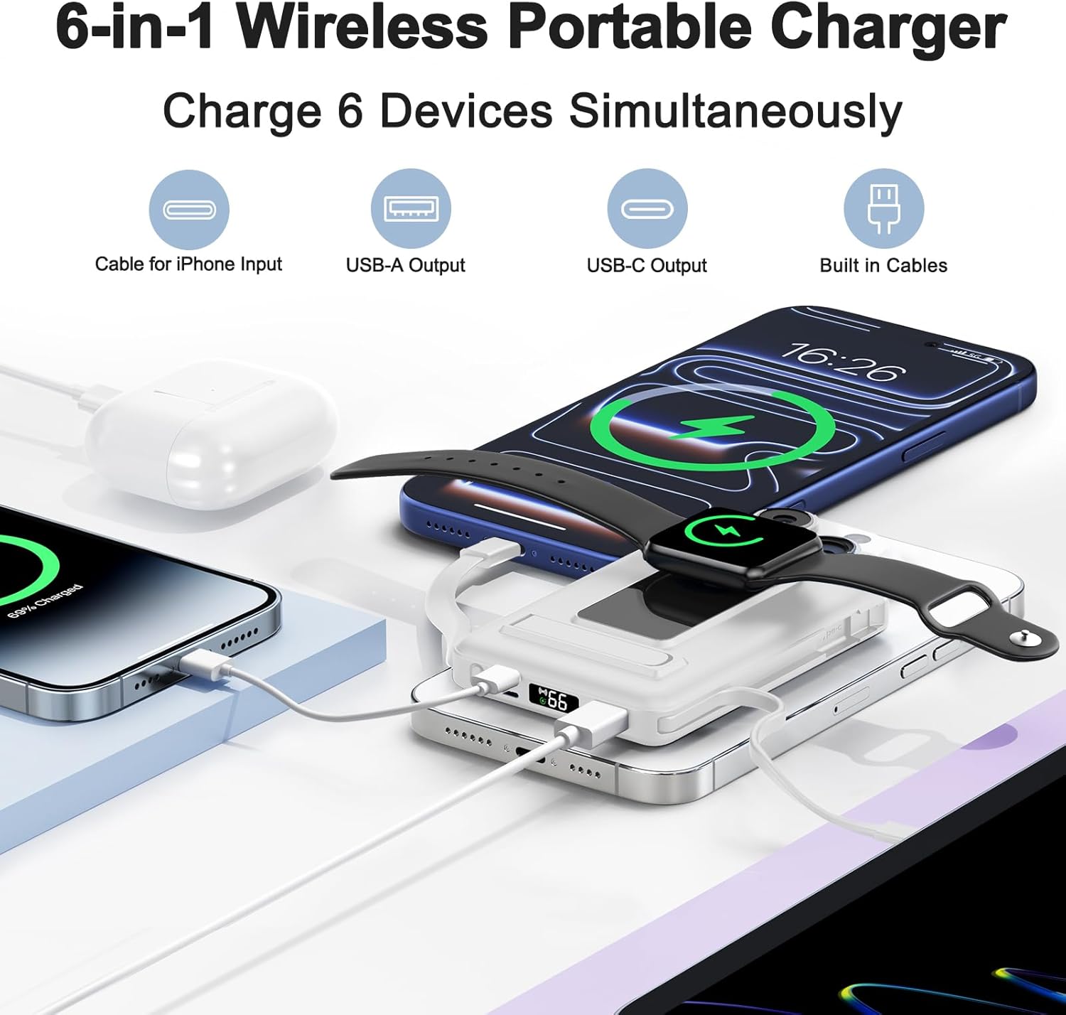 Detalle de Vexnara Power Bank iPhone 10000mAh con MagSafe: ricarica wireless 20W, supporto pieghevole e PD Quick Charge