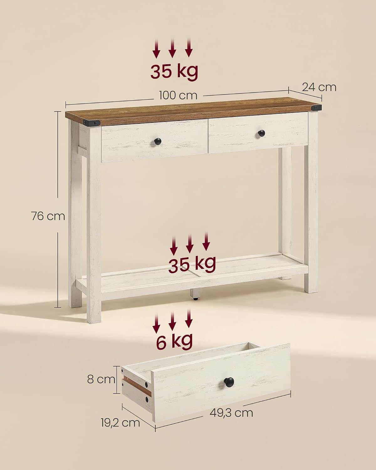 Detalle de VASAGLE LIRY Collection LNT141W101 Console Table with Drawers and Lower Shelf