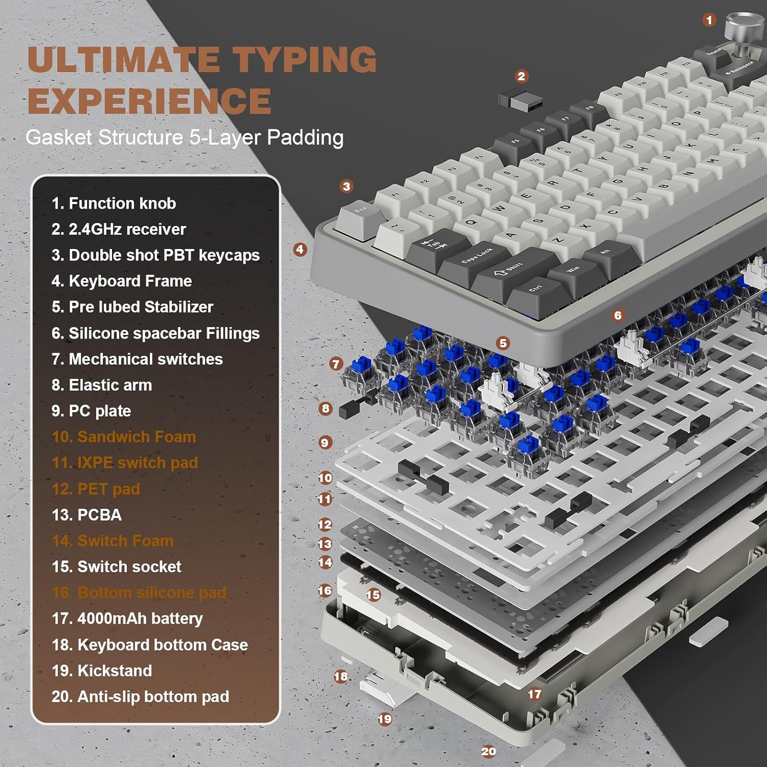 Thumbnail 3 de YUNZII B75 Pro drahtlose mechanische 75%-Tastatur (Hot-Swap, Knopf, Blue Grey, RGB) – Bluetooth/Typ-C/2.4G