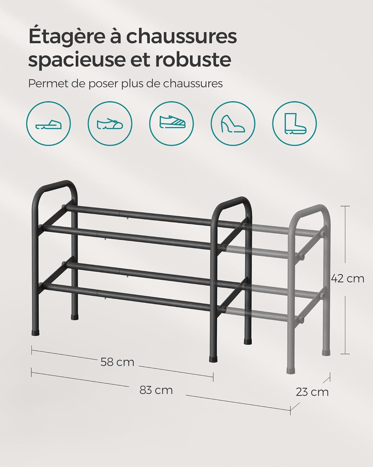 Thumbnail 3 de SONGMICS Étagère à Chaussures 2 Niveaux – Rangement Ajustable en Métal Noir, LMR029B01
