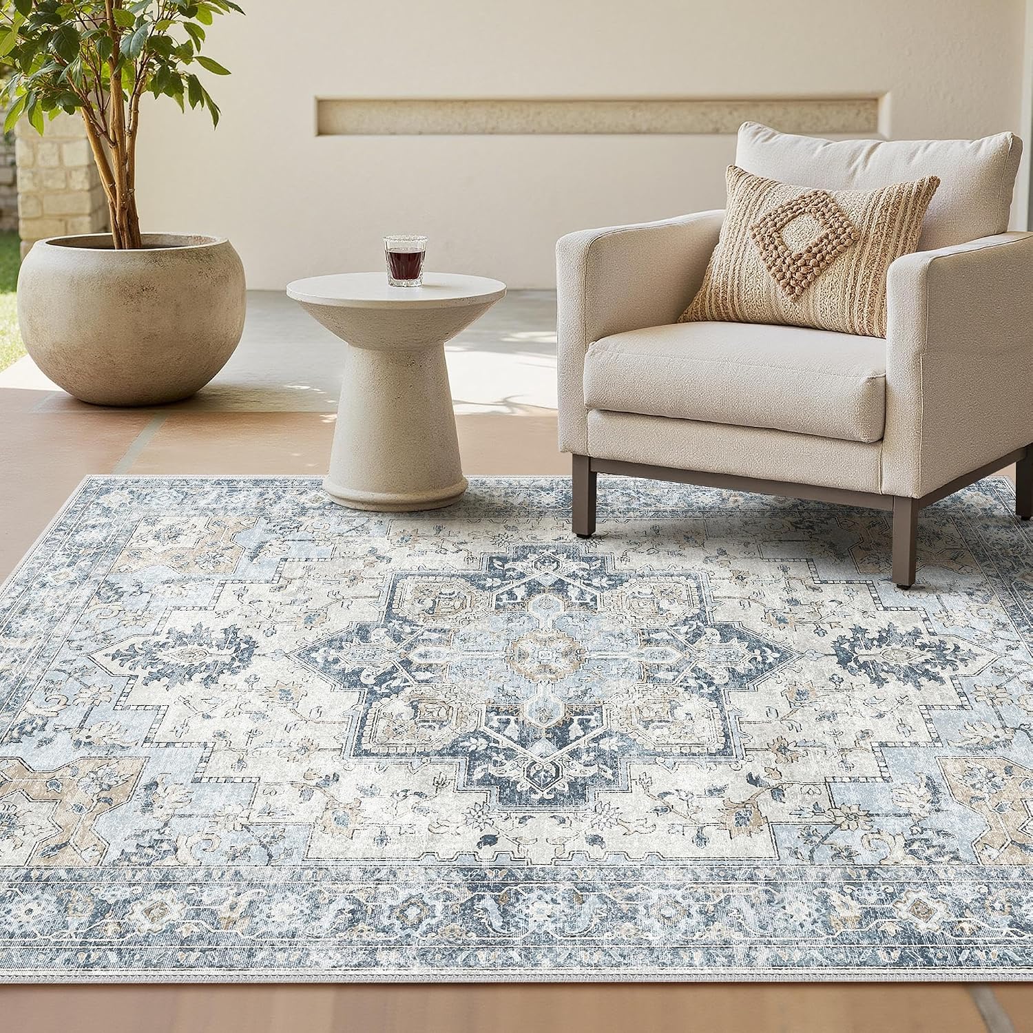 Detalle de GENIMO Vintage Teppich 140x200 cm – Waschbar, Boho Vintage, rutschfest, Kurzflor