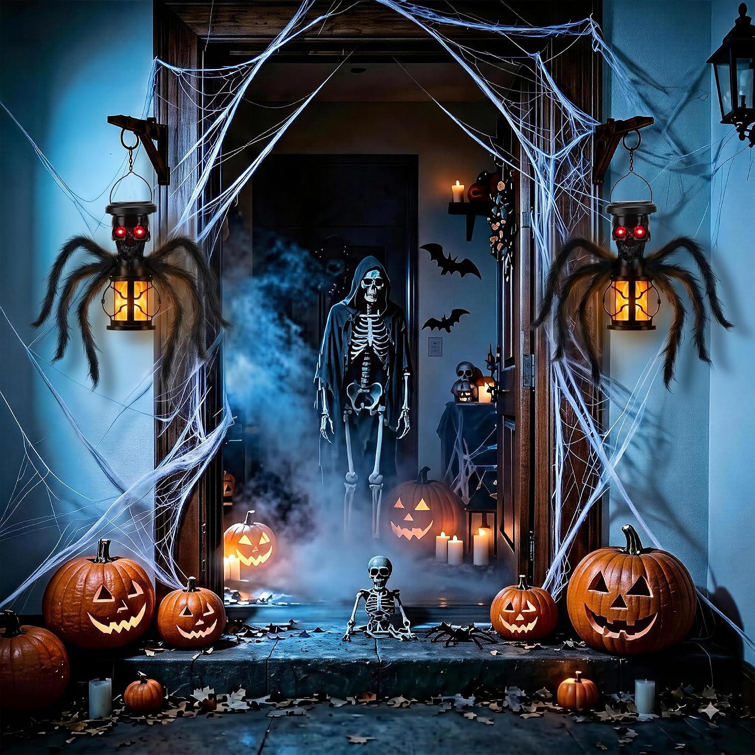 Detalle 2 de Jnaurb 2-Pack Solar Halloween Skull Lights with Flickering Flame and Spider Legs