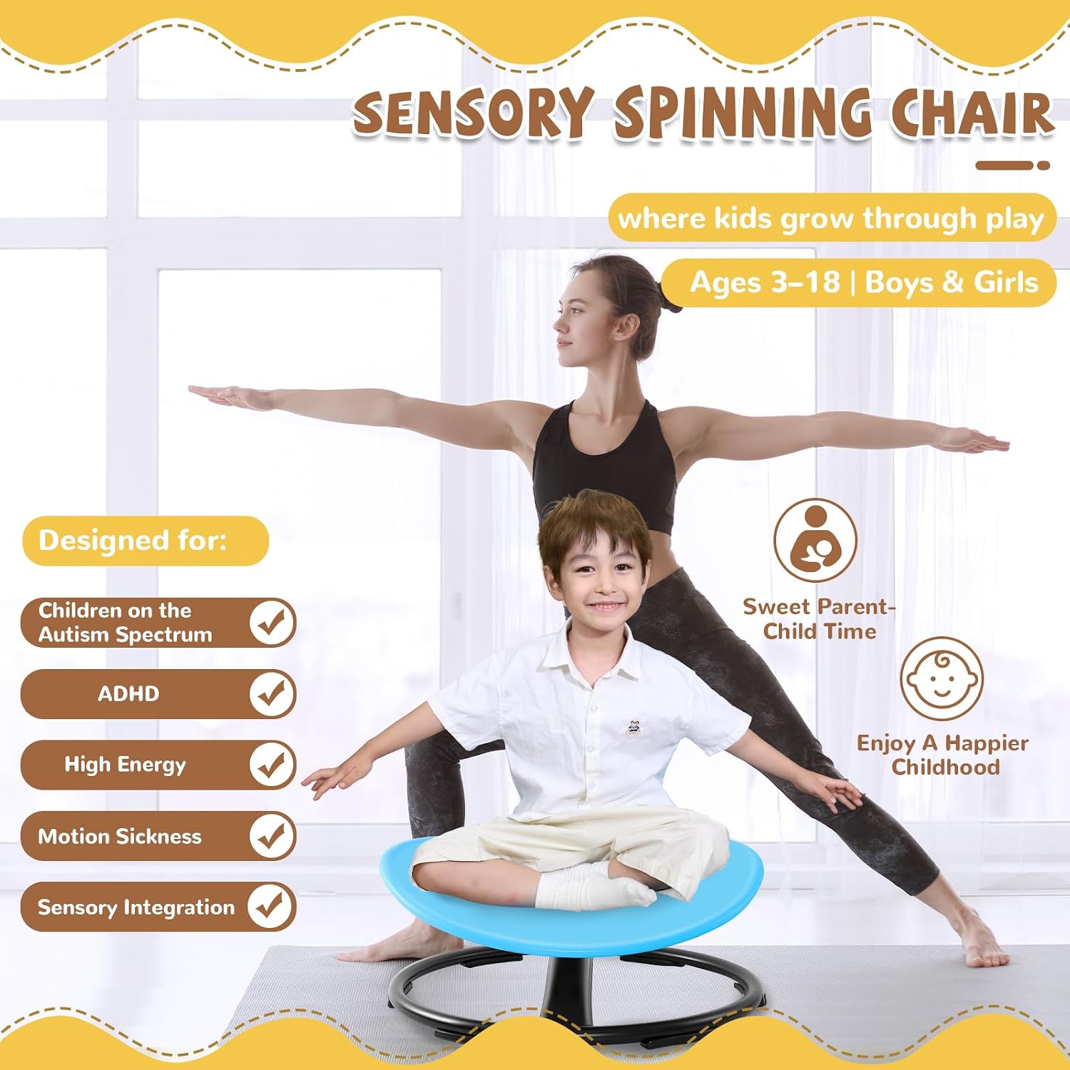 Detalle de Zhenx 360° Spinning Sensory Chair for Autistic Kids (Ages 3–18) — Blue, 220 lb Capacity