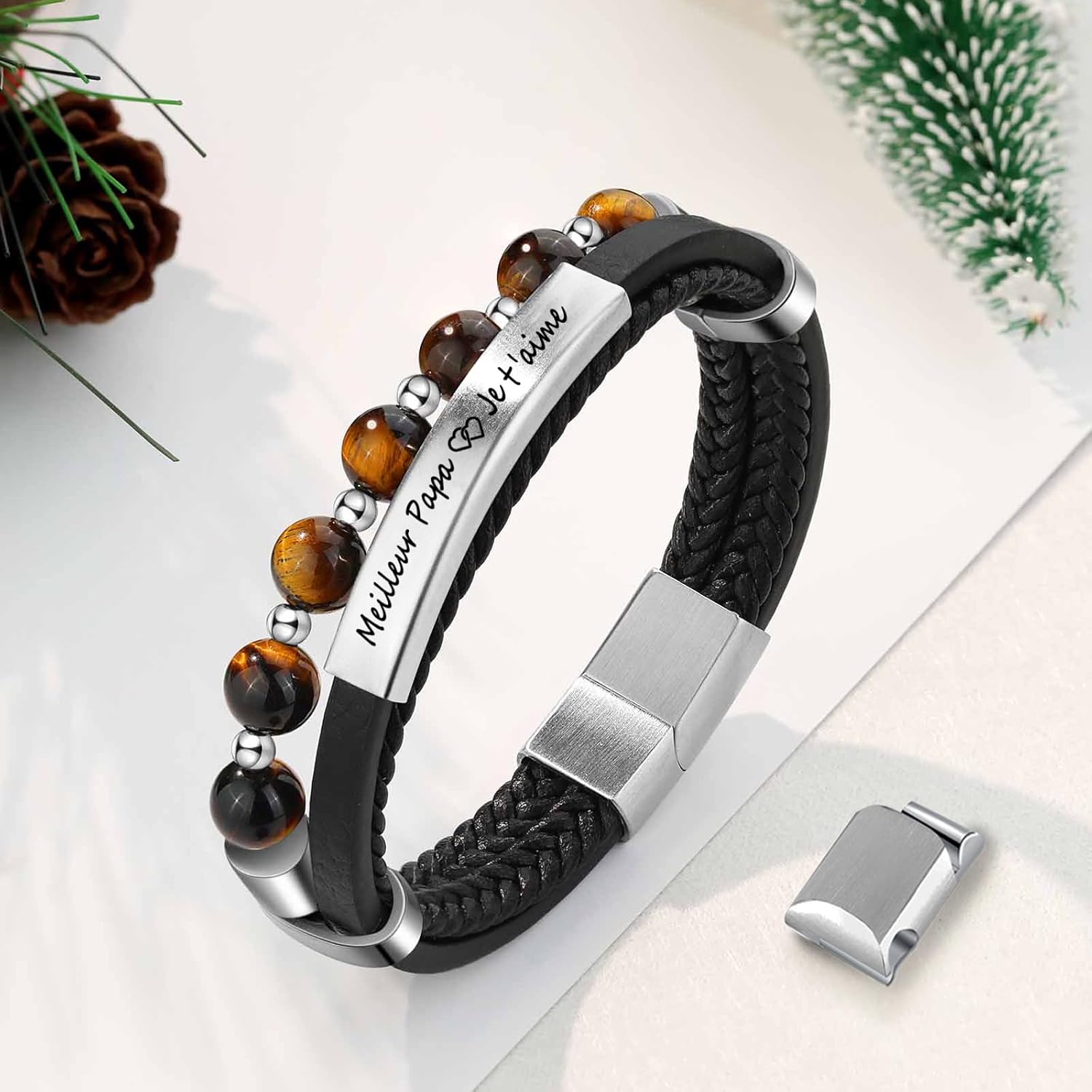 Detalle de Jbniuay Cadeau Homme – Bracelet en cuir triple avec perles naturelles