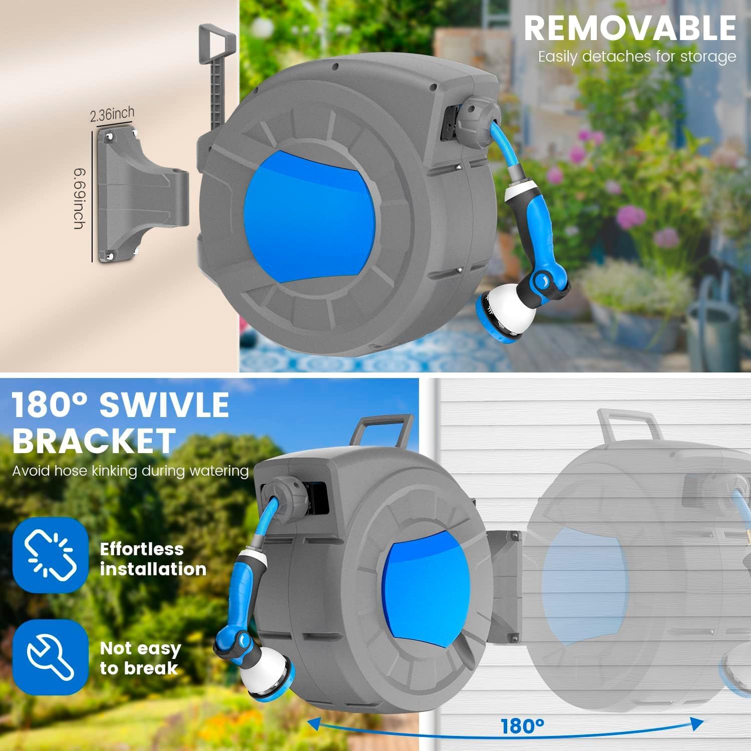 Detalle de Retractable Hose Pipe 1/2" x 30m + 2m Wall Mounted Hose Reel with 10 Patterns Nozzle, Lock Any Length, 180°Swivel, Automatic Slow Rewind System