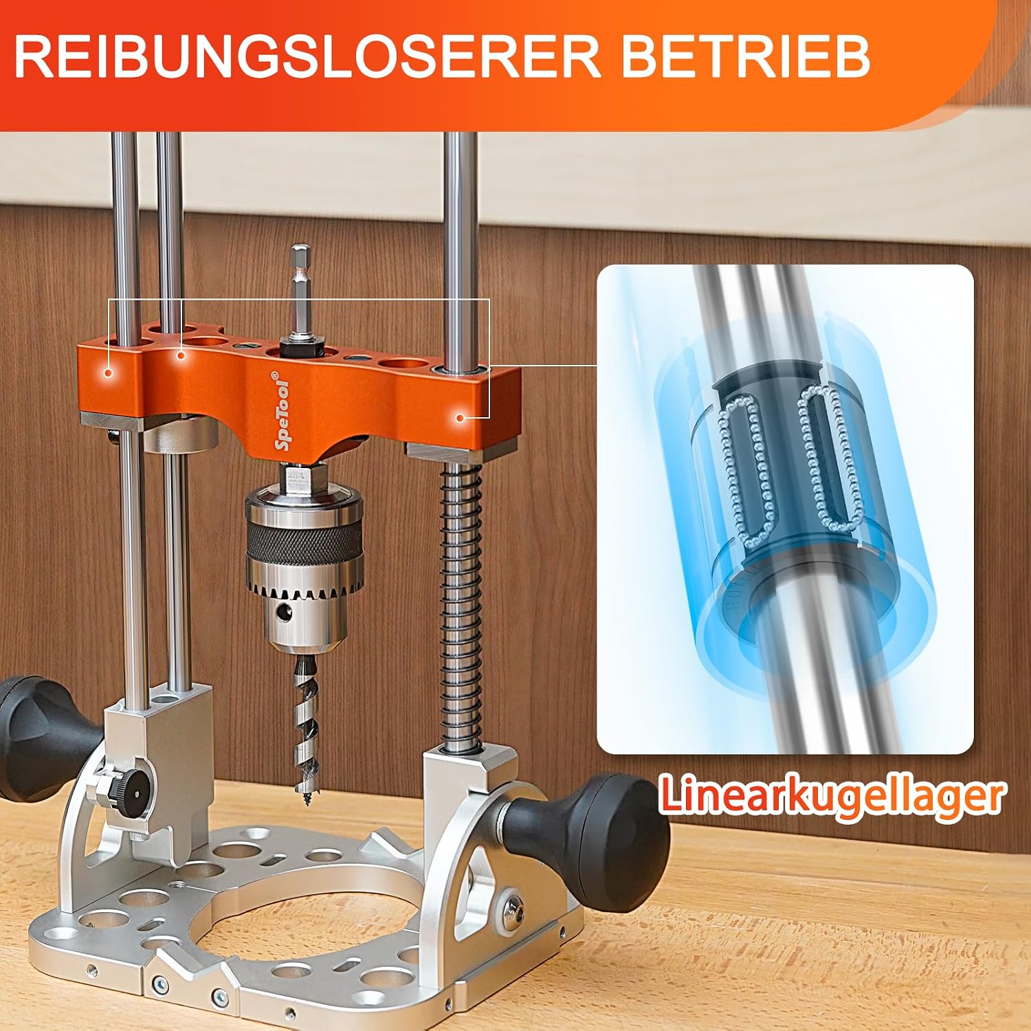 Detalle de SpeTool SP-GD-A boorstandaard met kogellagers en hoekinstelling 0–60°