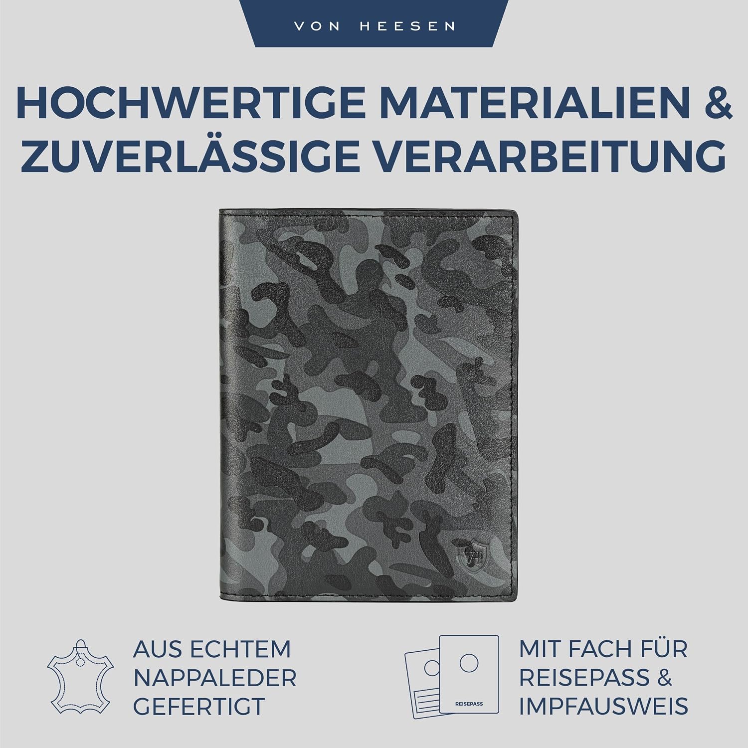 Detalle 2 de VON HEESEN Reisepasshülle aus Leder mit RFID-Schutz (Camouflage) – Etui für Pass und Karten
