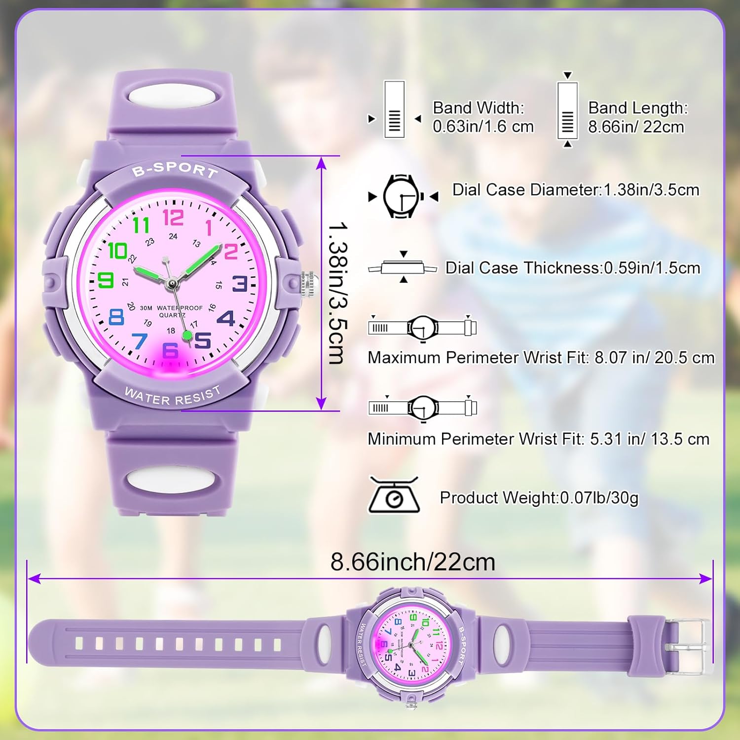 Detalle de DTKID Montre Enfant – 7 LEDs colorées, étanche 30 m, adaptée aux enfants de 5 à 15 ans