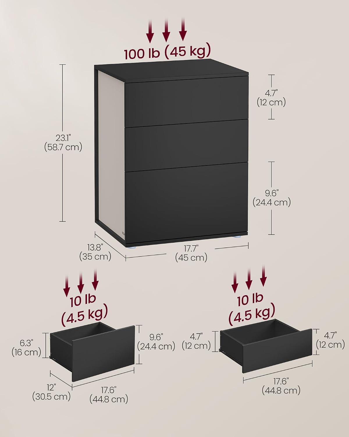 Detalle de VASAGLE LET778B01 bedside table, 3 drawers and tool-free assembly