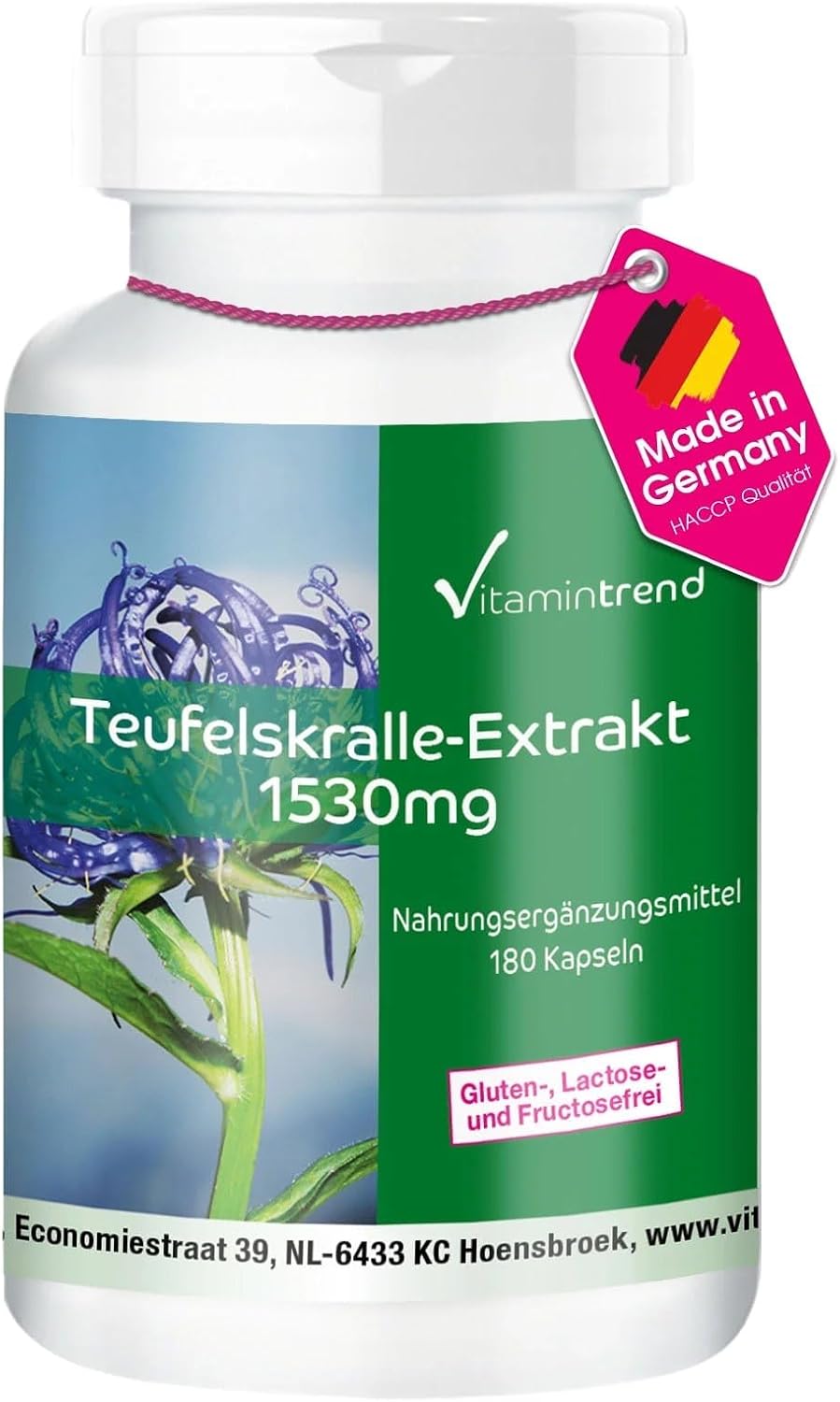 Detalle de Vitamintrend Teufelskralle Hochdosiert 1530 mg Extrakt – 180 Kapseln, vegan, ohne Zusätze, in Deutschland hergestellt