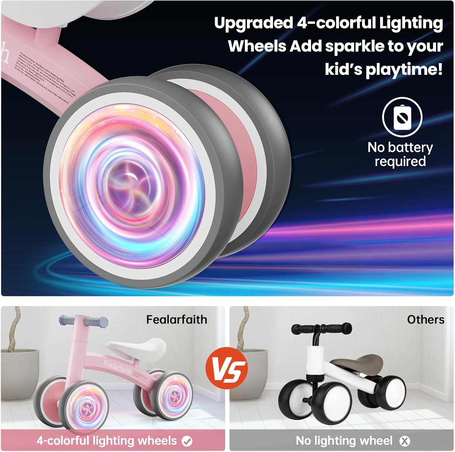 Thumbnail 3 de Fealarfaith Baby Balance Bike (Baby Pink) for 10–36 Months — LED Lighting Wheels, 4-Wheel Toddler First Bike