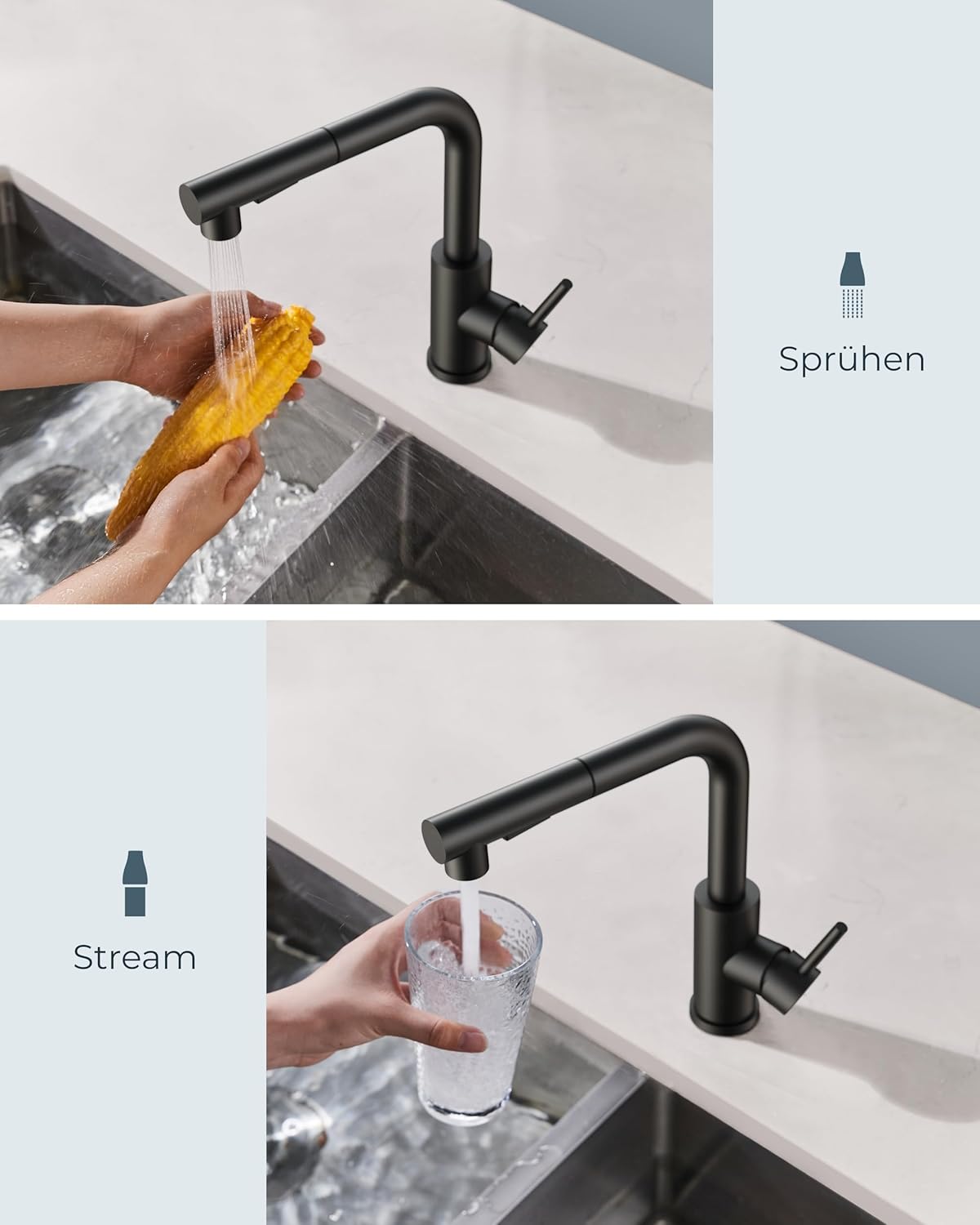 Detalle de FORIOUS Wasserhahn Küche Schwarz Ausziehbar 360°