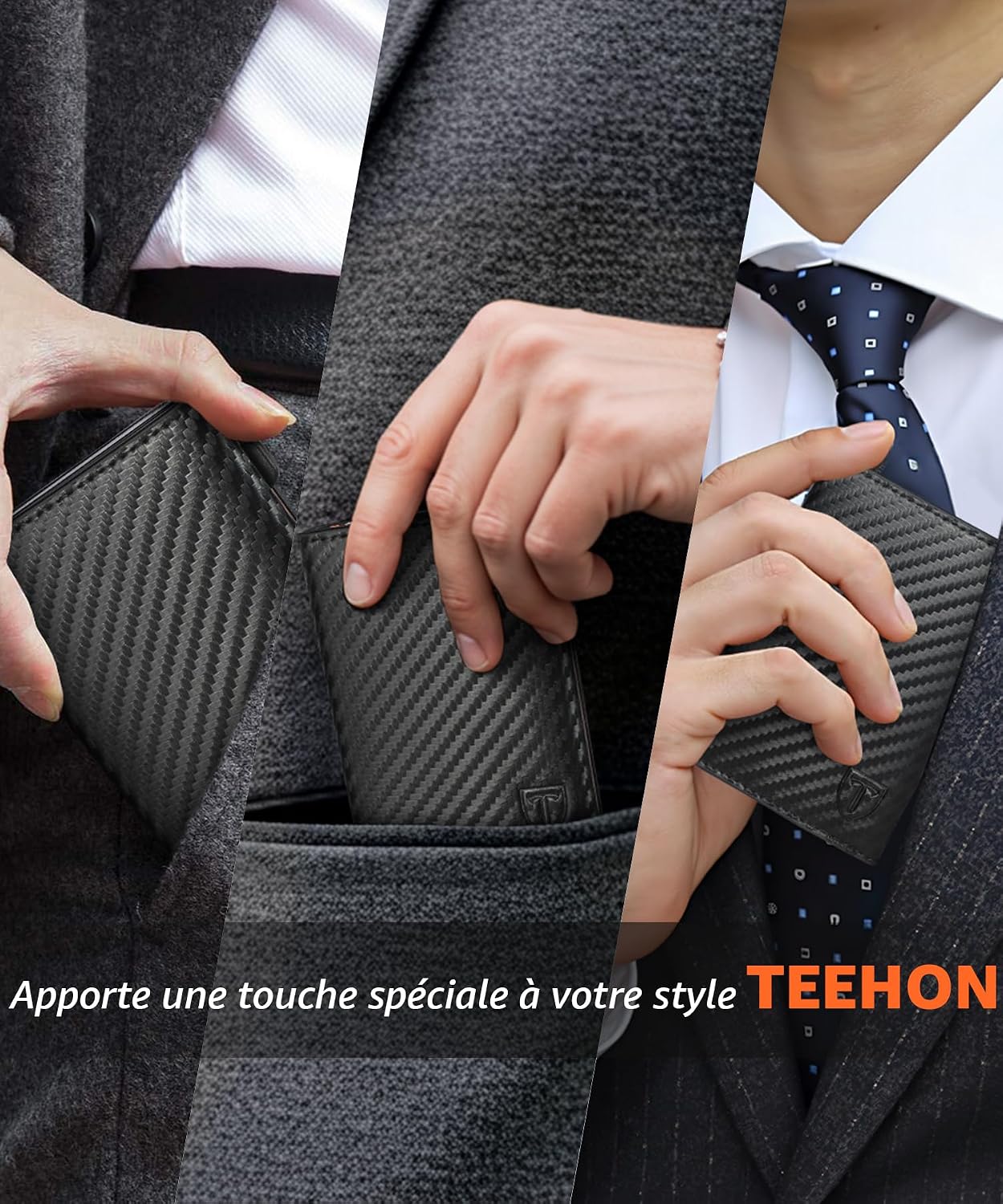 Detalle de Portefeuille Homme en Fibre de Carbone TEEHON – RFID Bloqué, Blocage Magnétique, Porte-Cartes et Billets Noir/Orange