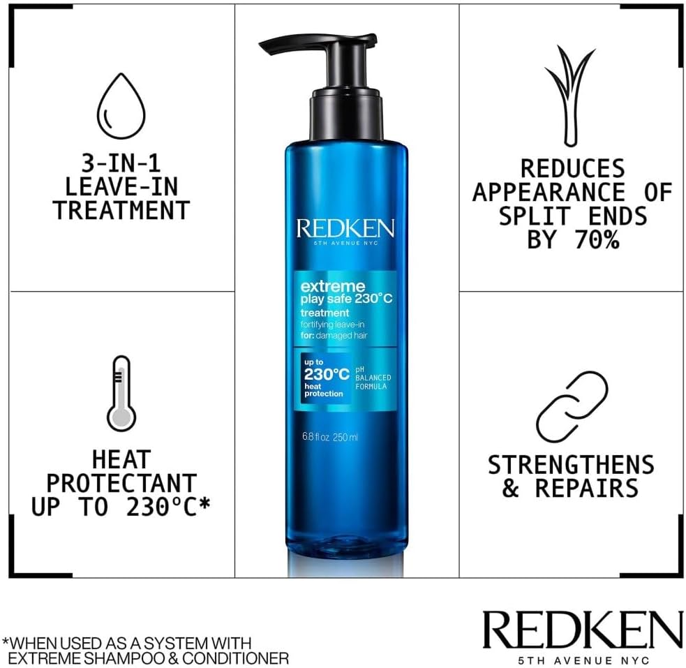 Detalle de Redken Hair Treatment: Leave-In Heat Protection for Damaged Hair (Extreme Play Safe 230, 250 ml)