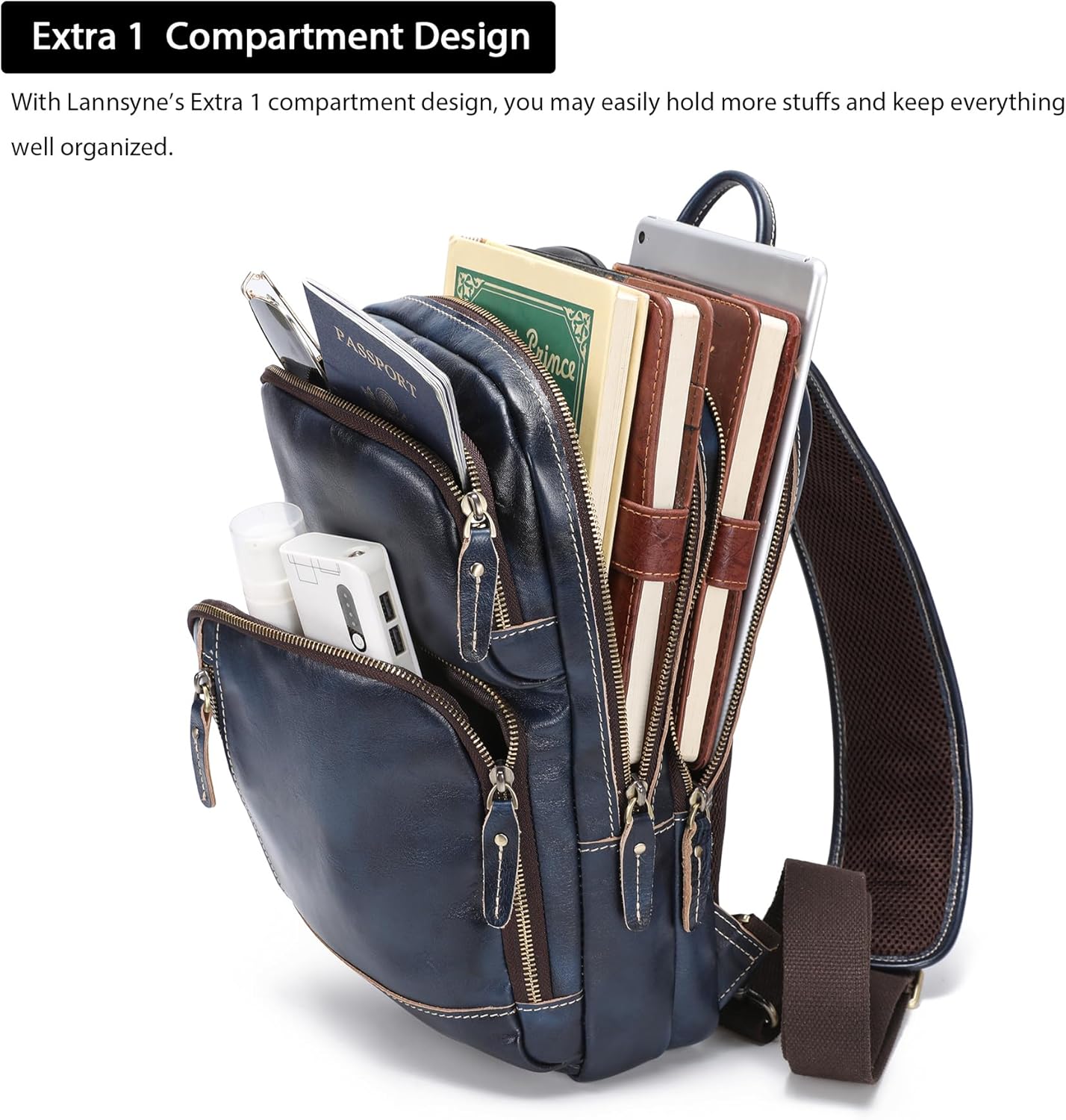 Detalle de LANNSYNE Full Grain Leather Sling Bag for Men – Crossbody Daypack for 12.9" iPad Pro