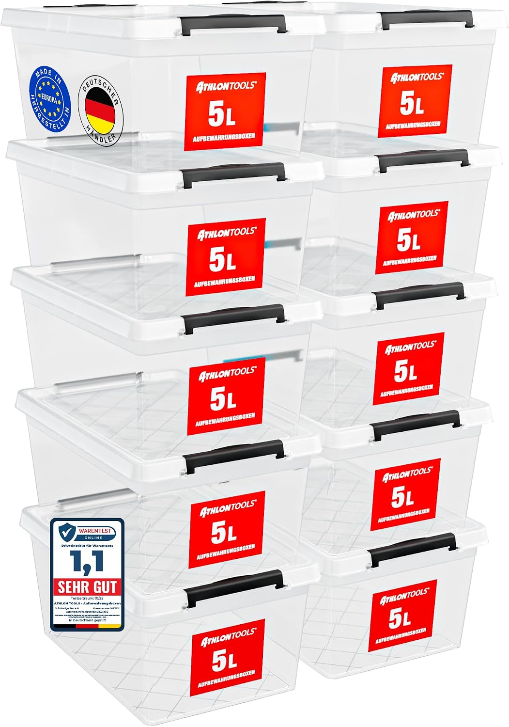 ATHLON TOOLS 10er Set 5l Aufbewahrungsbox mit Deckel – BPA-frei, stapelbar, lebensmittelecht