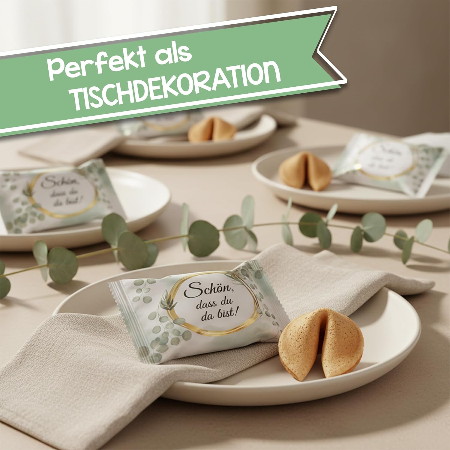 Detalle de FOOD crew 12x Glückskekse „Schön dass du da bist“ – einzeln verpackt, vegan (Gastgeschenk Hochzeit & Kommunion)