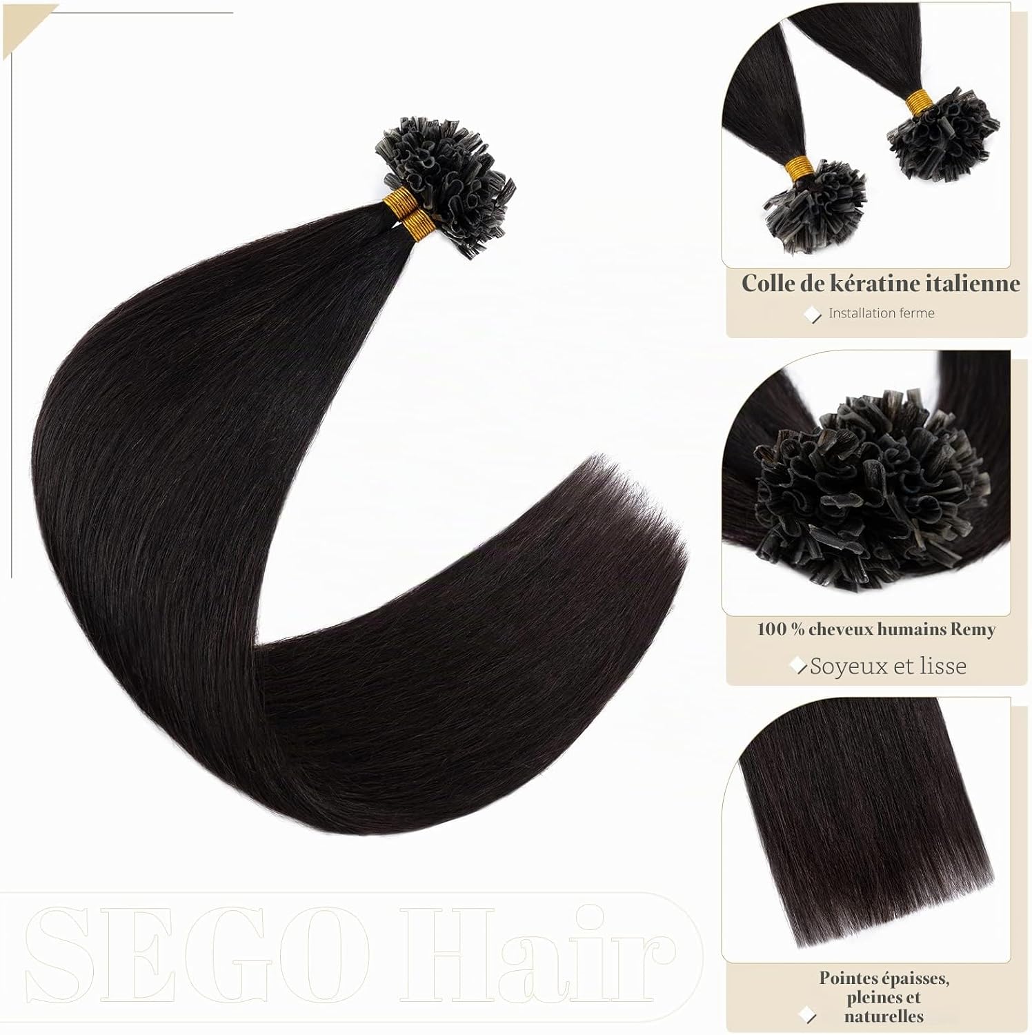 Detalle 2 de SEGO Extension Kératine Cheveux Naturel à Chaud 0.5g/Mèche – 200 mèches, 40 cm, Brun Foncé