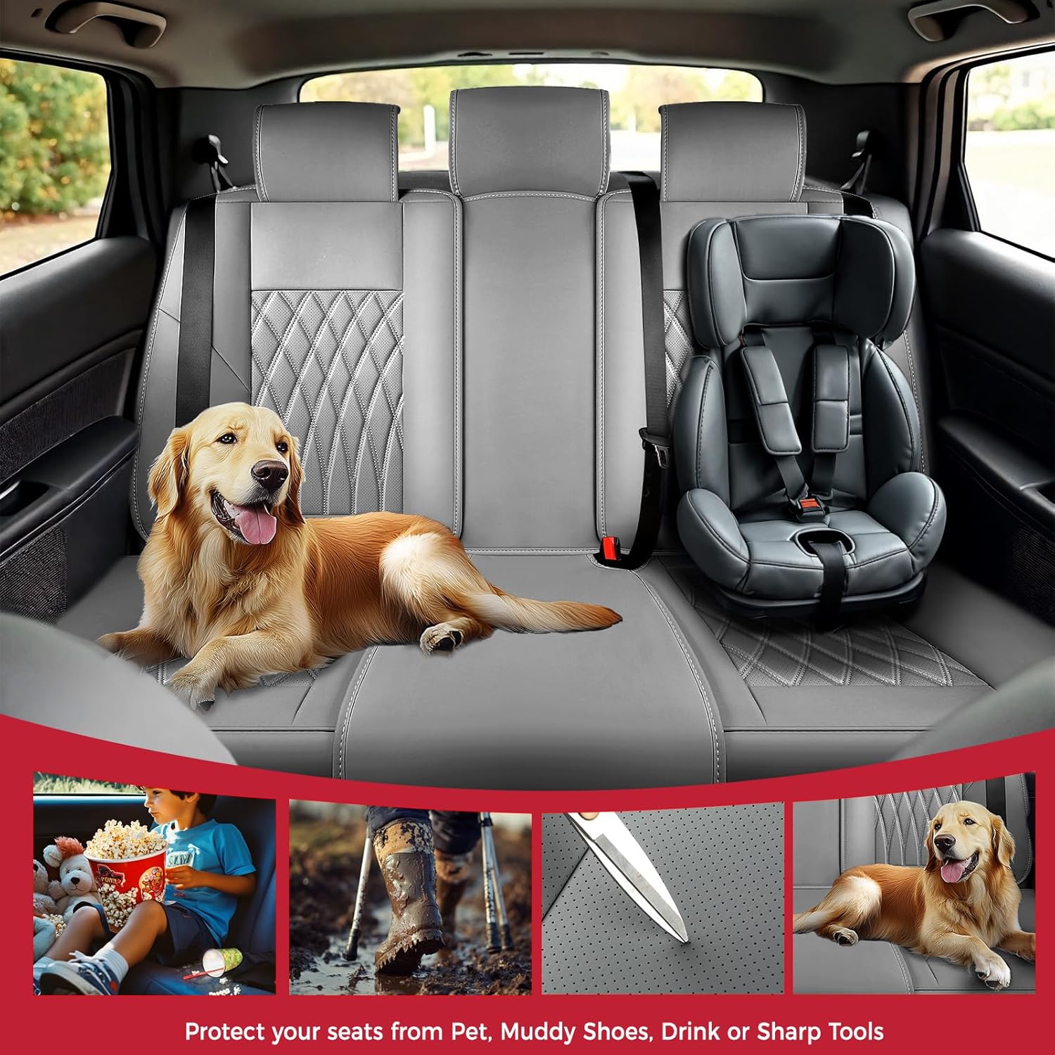 Thumbnail 6 de FREESOO Gray Car Seat Cover Full Set with Lumbar Support – Faux Nappa Leather, Breathable, Waterproof