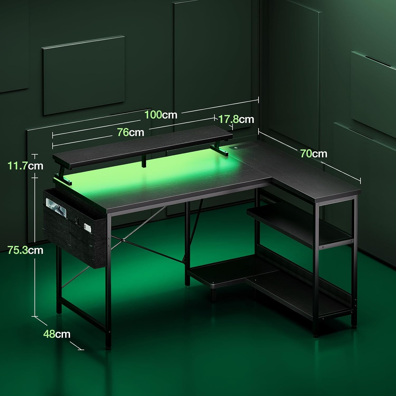Thumbnail 2 de Coleshome L Shaped Gaming Desk with LED Lights (100 × 70 cm) in Carbon Fibre Black