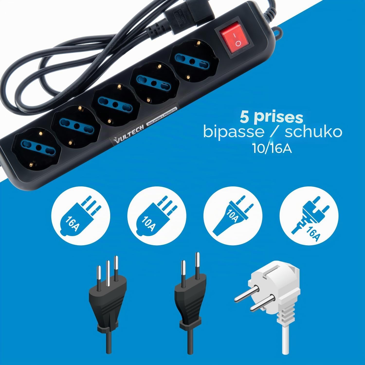 Detalle de Vultech MU-UPS01 Multiprise avec 5 prises et interrupteur on/off, connecteur IEC14