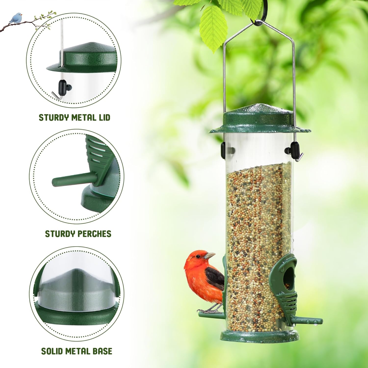 Detalle 2 de Bird Feeders Hanging Bird Feeder for Outdoor Metal Wild Bird Feeding (2 Pack) – Green squirrel-proof design