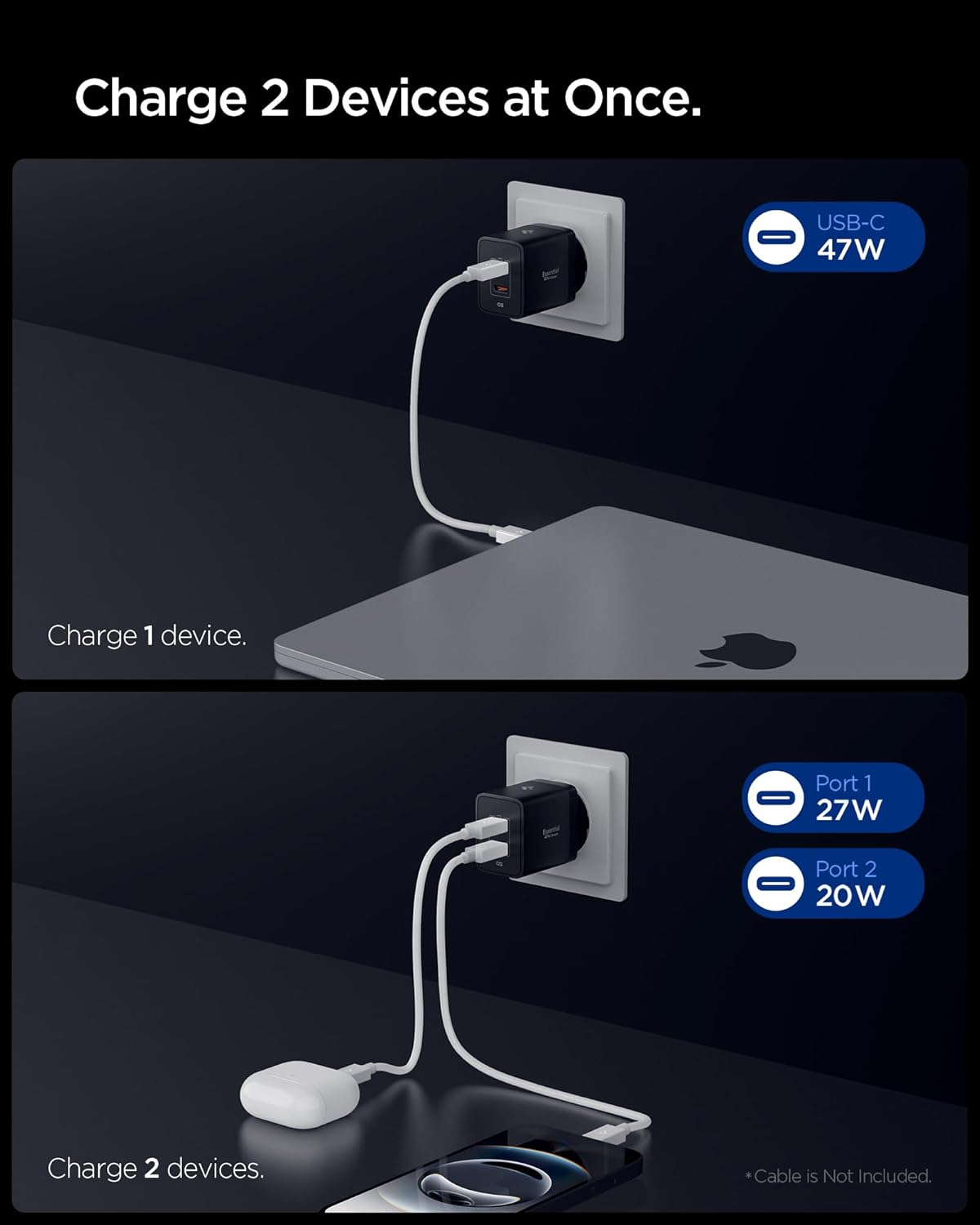 Thumbnail 2 de Spigen ArcStation Essential 47W : chargeur USB‑C compact 2 ports GaN avec PD 3.0 (noir)